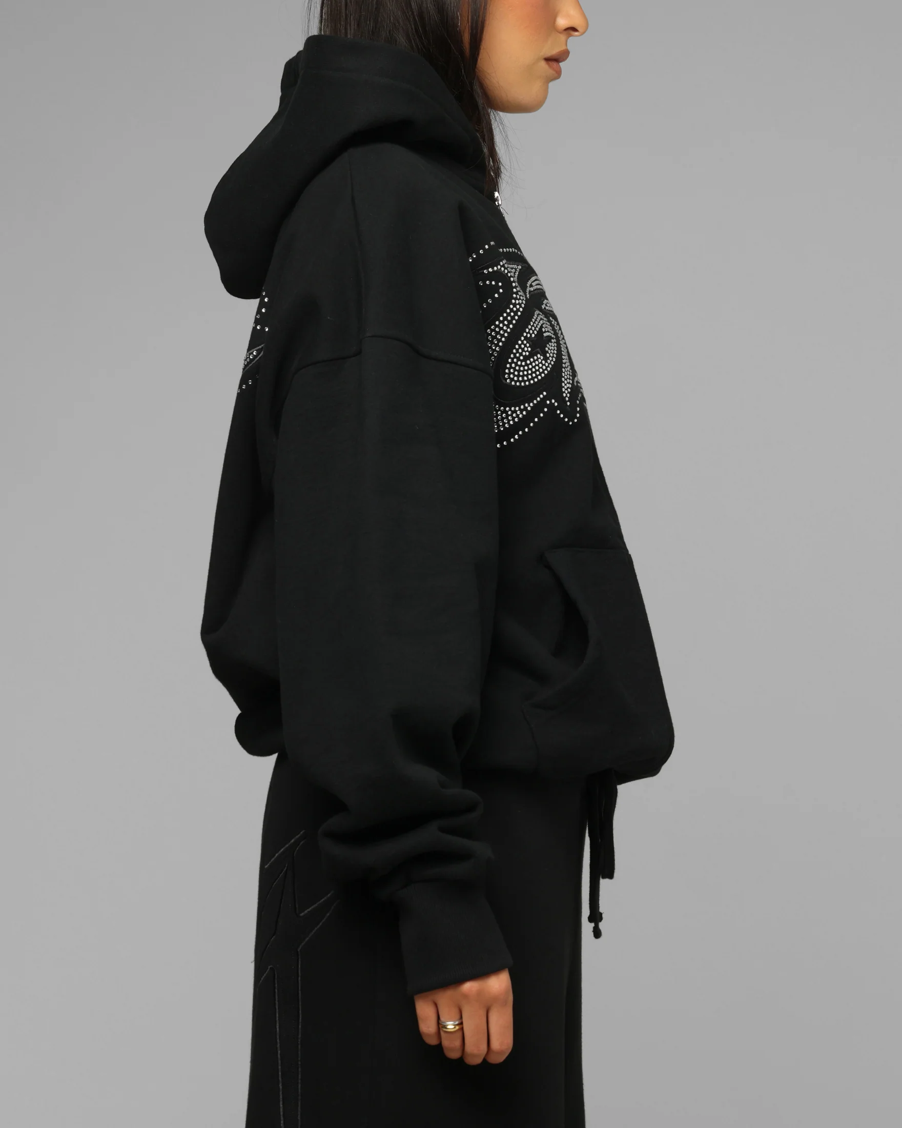 Loiter Silicone Rhinestone Zip Hoodie Black