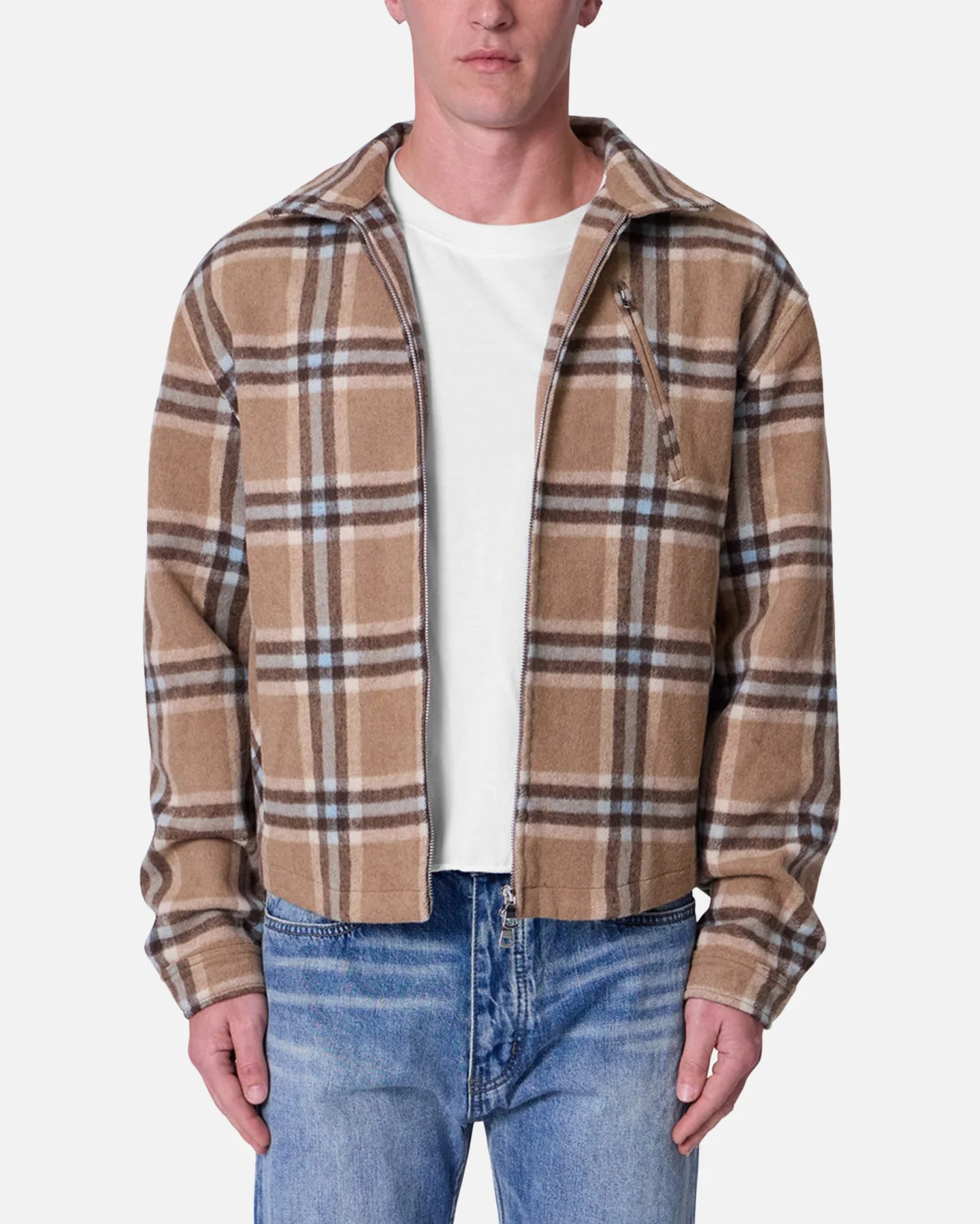 MNML Plaid Flannel Front Zip Jacket Brown/Cream