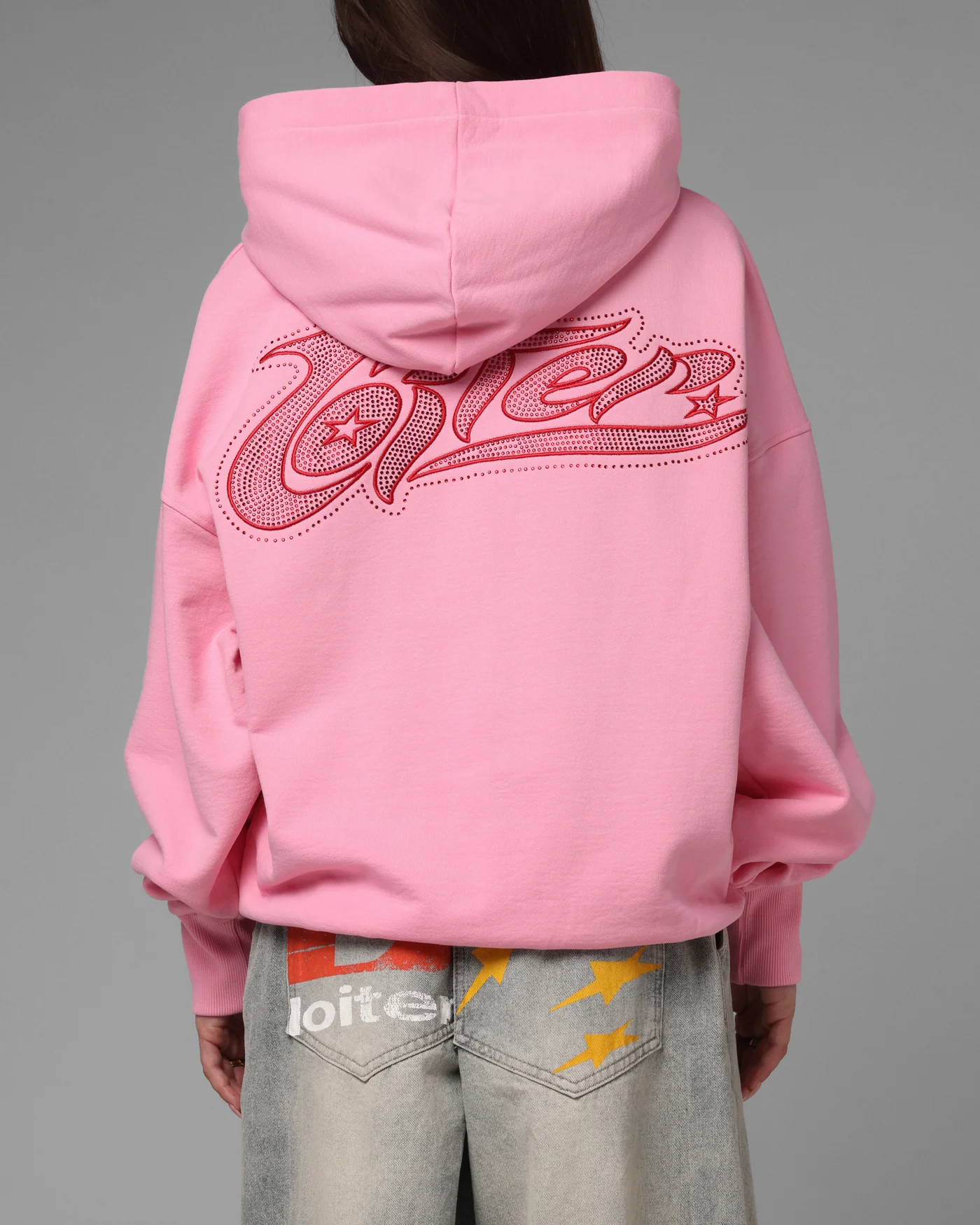 Loiter Silicone Rhinestone Zip Hoodie Pink