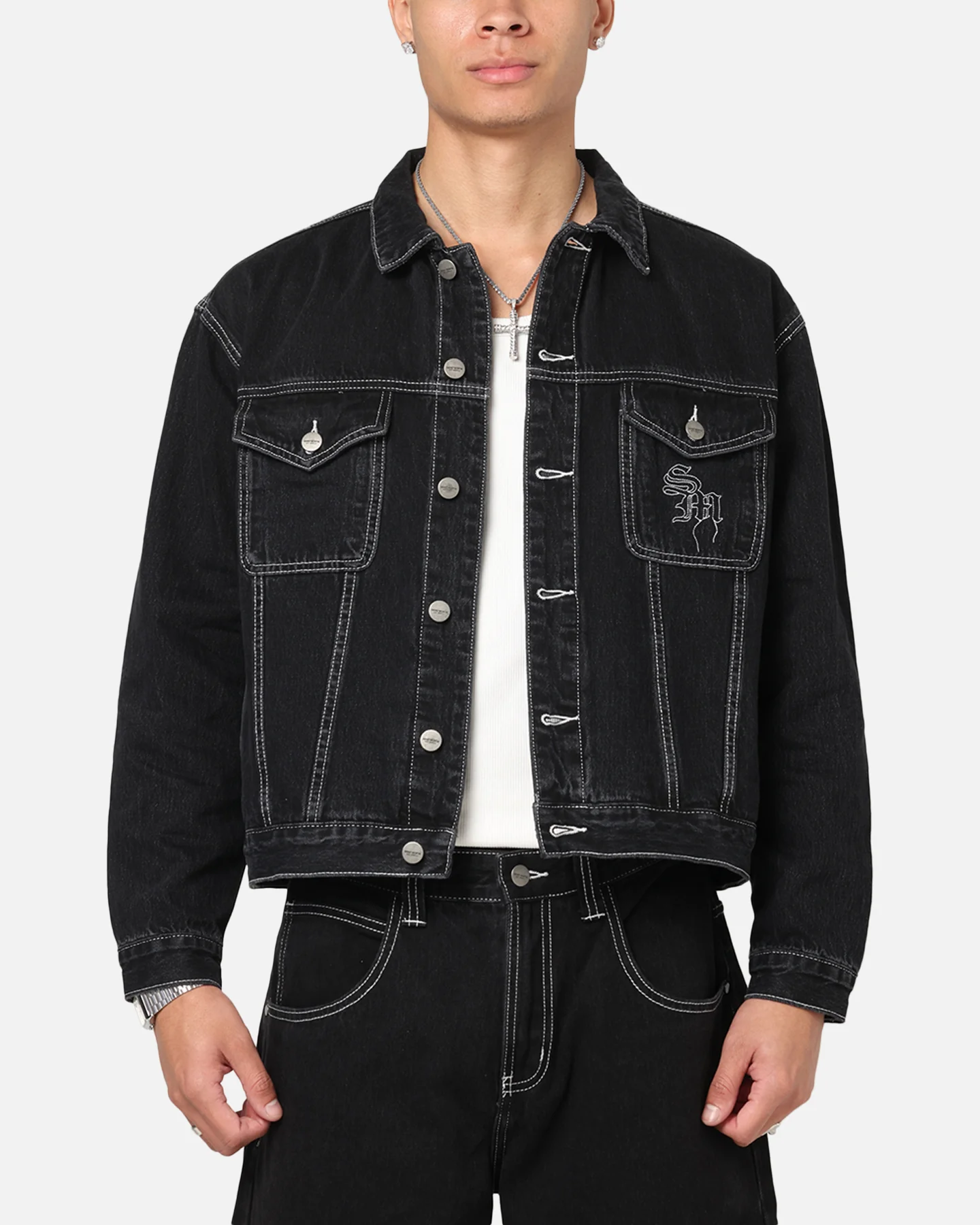 Saint Morta Fray Trucker Denim Jacket Contrast Black