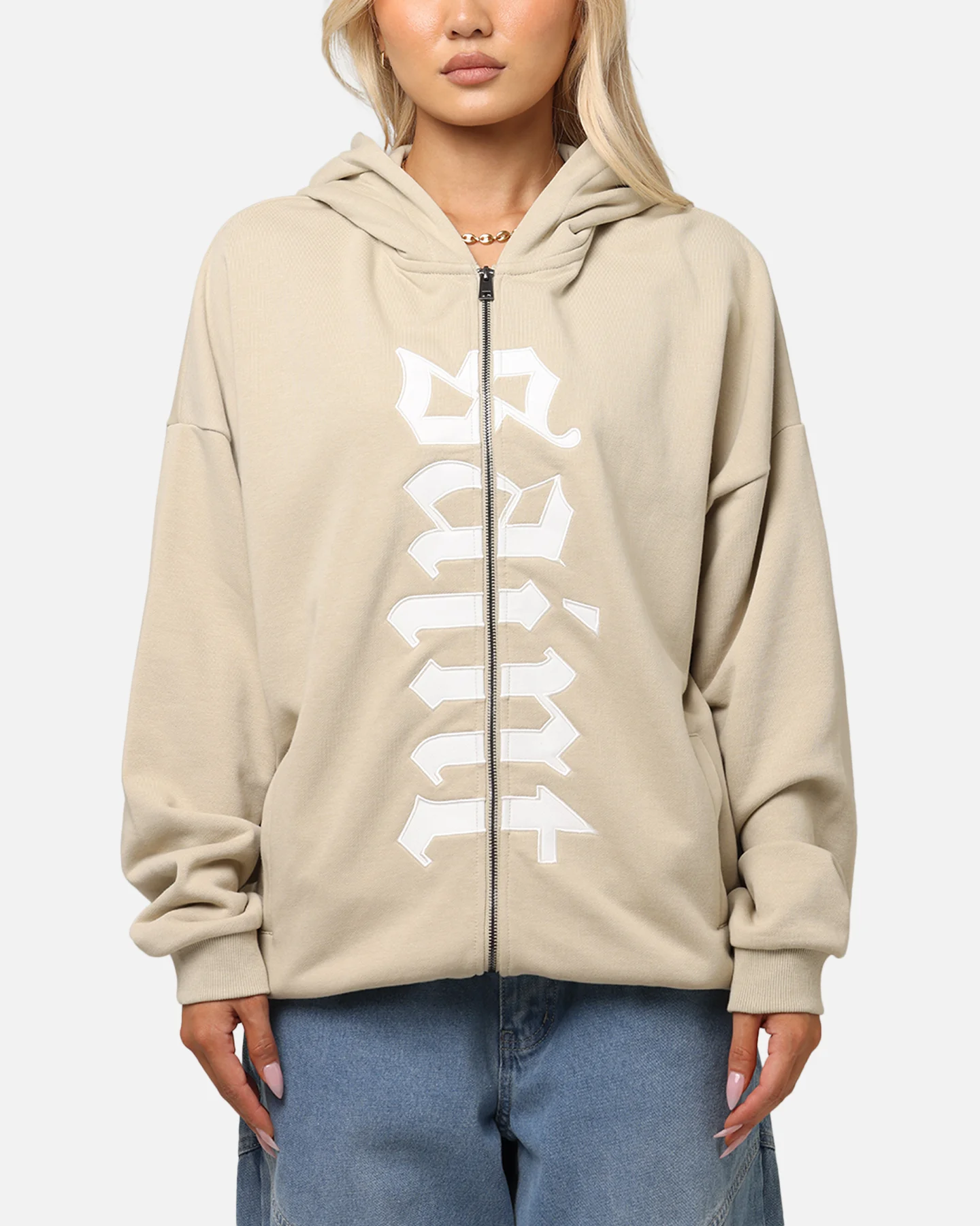 Saint Morta Gothic Distressed Zip Hoodie Stone