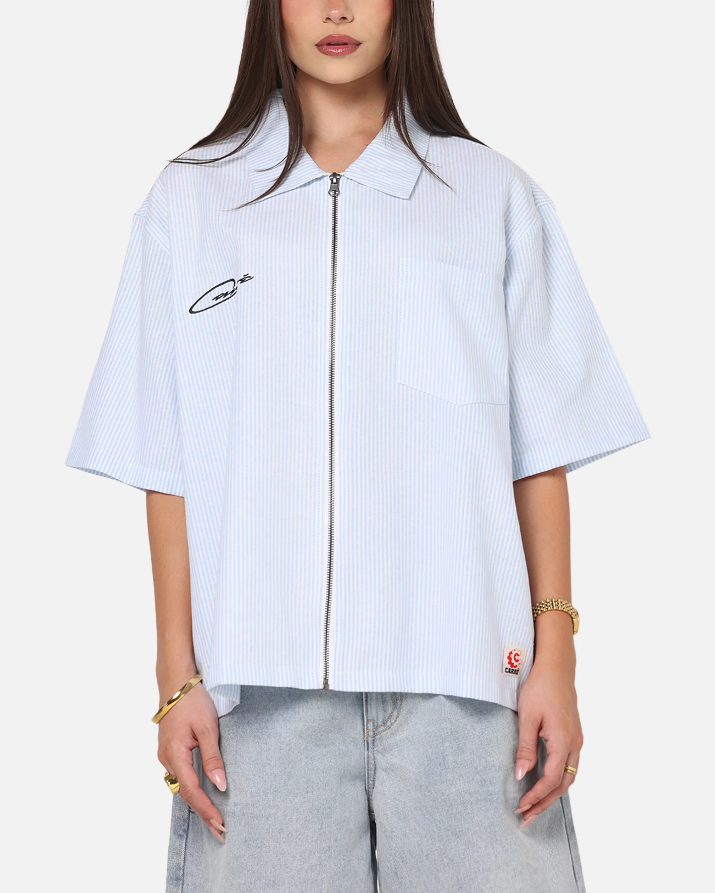 Carre Oxford Stripe Zip Up Shirt Blue/White Stripe