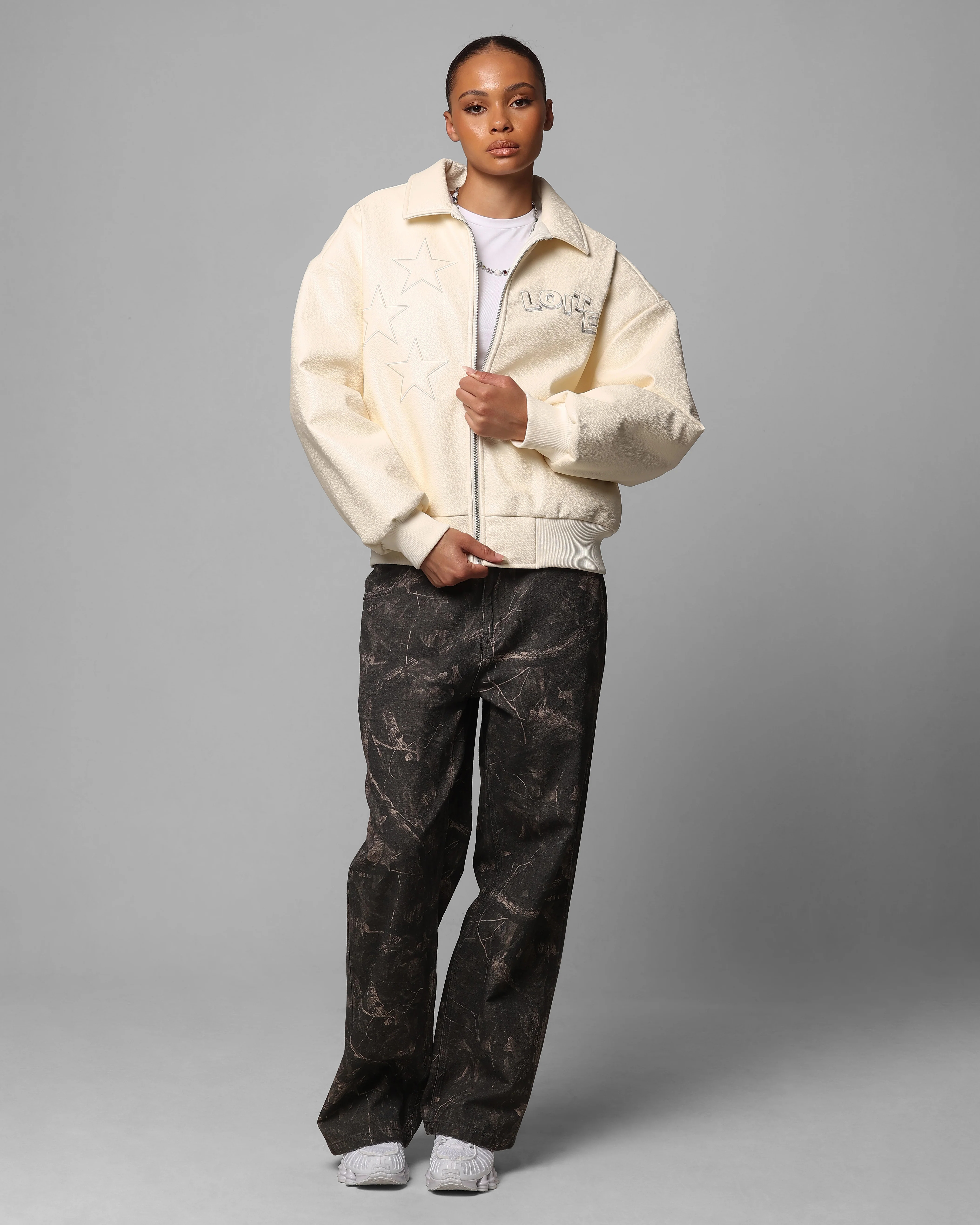 Loiter Solar Vegan Leather Varsity Jacket Beige