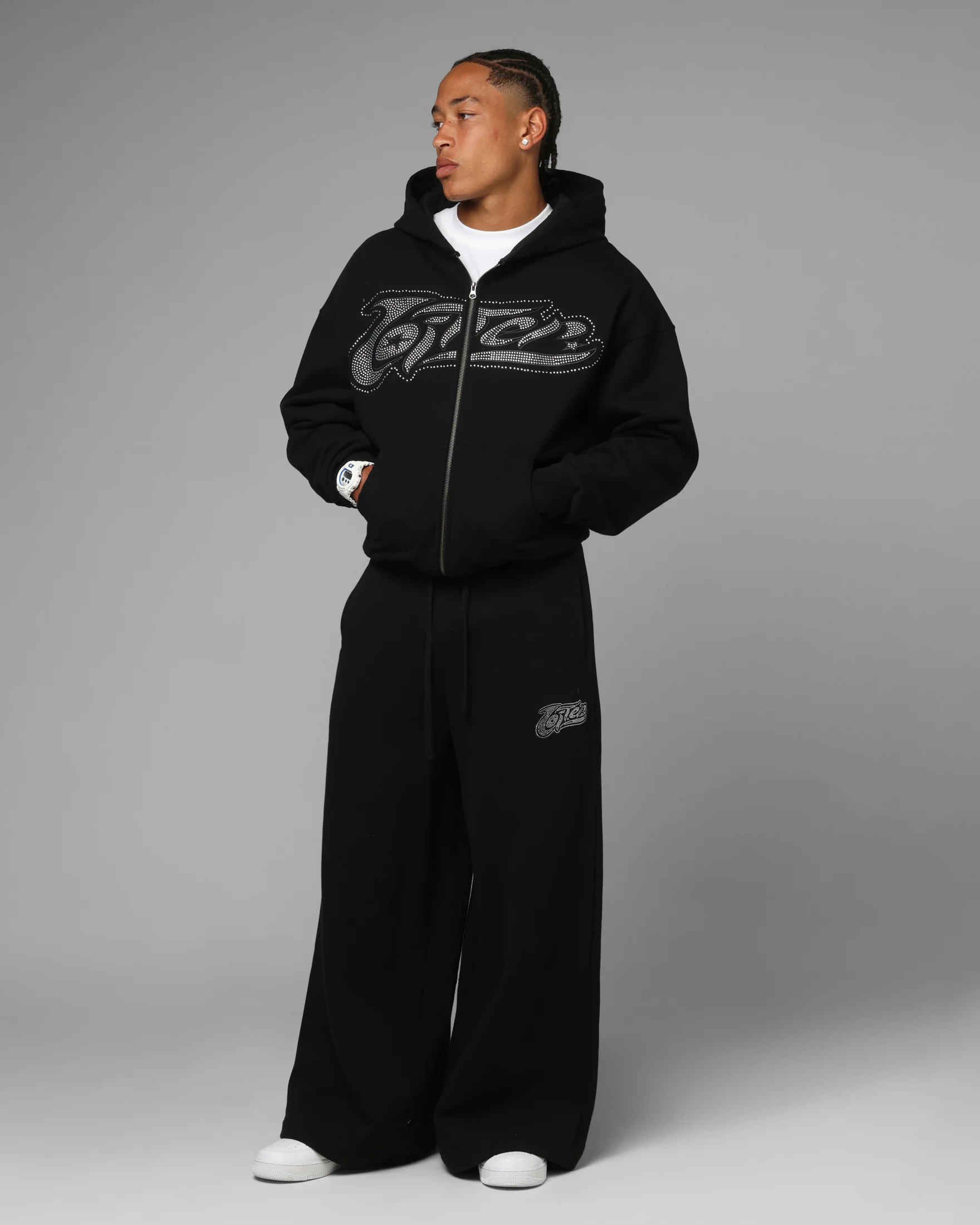 Loiter Silicone Rhinestone Zip Hoodie Black