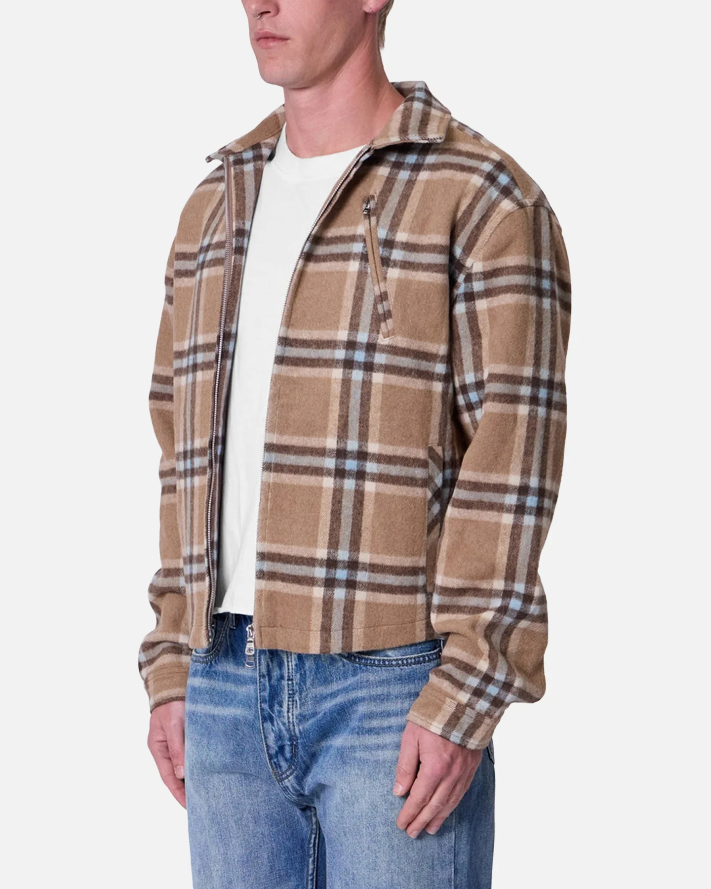 MNML Plaid Flannel Front Zip Jacket Brown/Cream