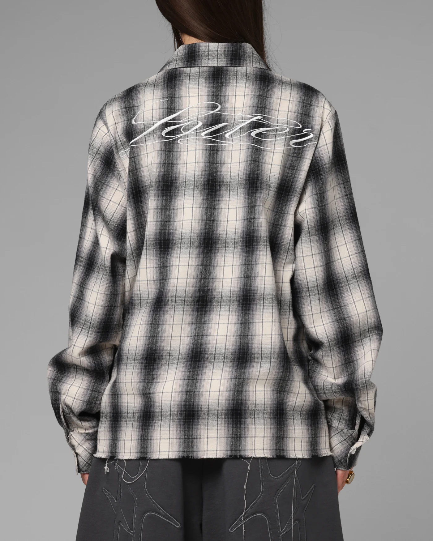 Loiter Heaven Distressed Flannel Button Up Shirt Black/White