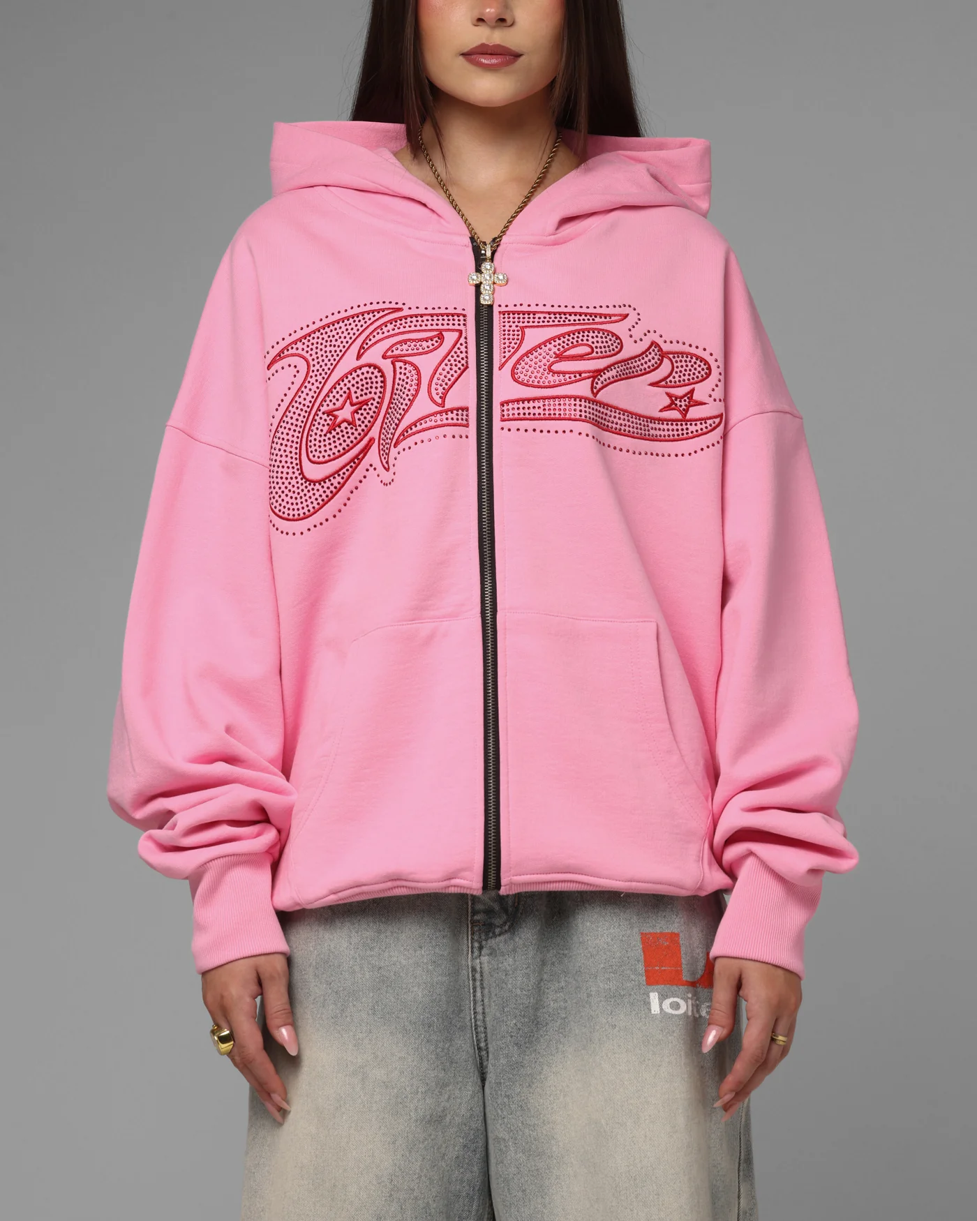 Loiter Silicone Rhinestone Zip Hoodie Pink