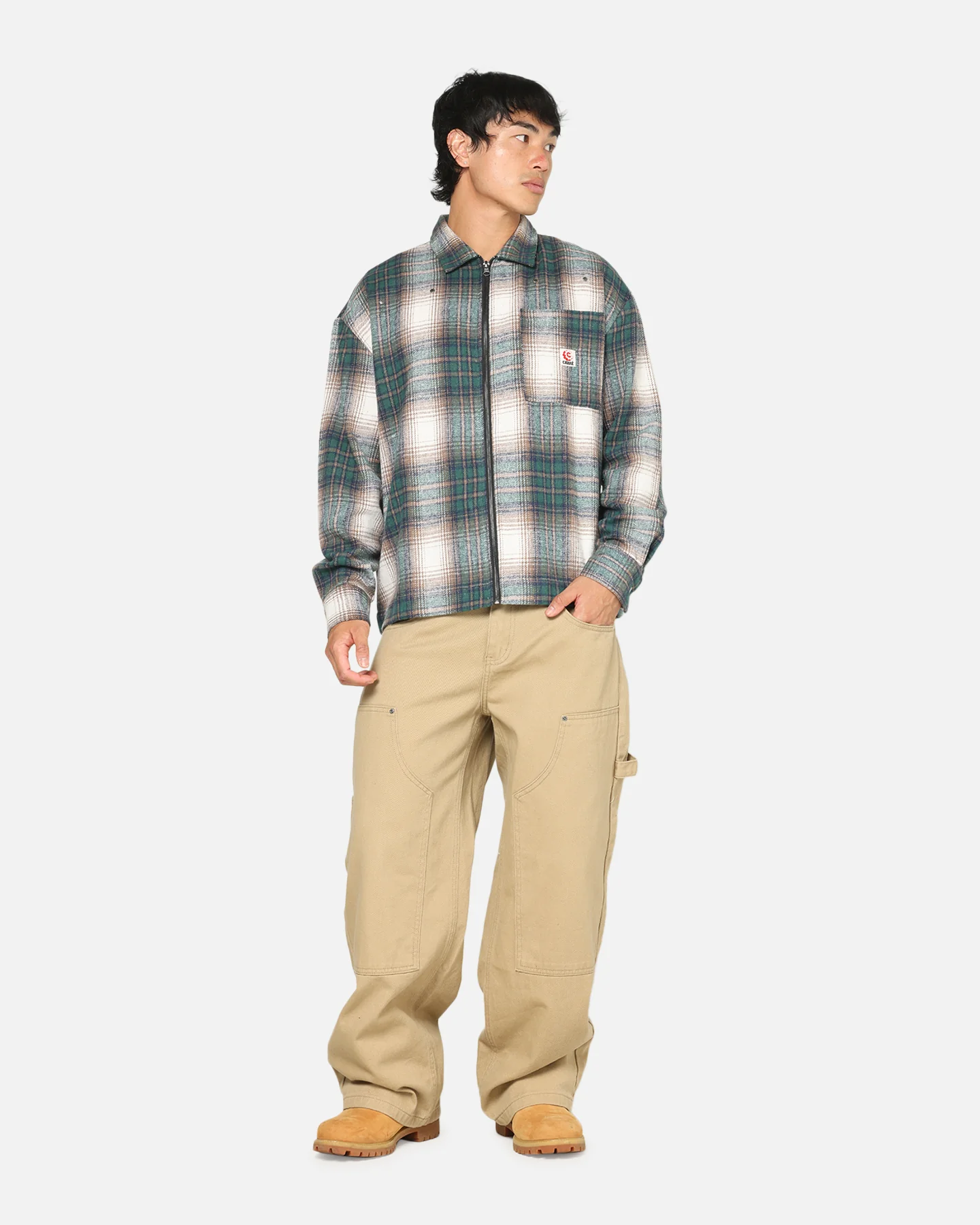 Carre Ombre Zip Up Long Sleeve Shirt Green Plaid