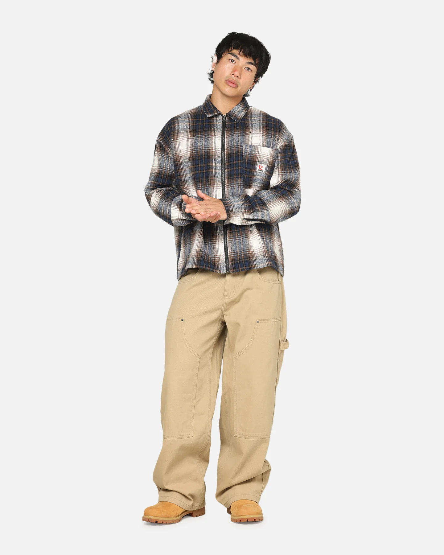 Carre Ombre Zip Up Long Sleeve Shirt Black Plaid