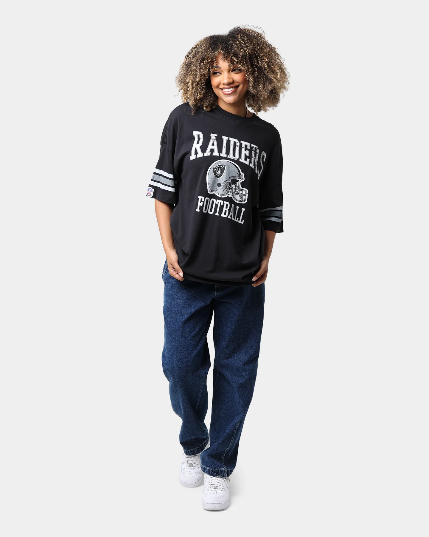 Majestic Athletic Las Vegas Raiders Vintage Sports Stripe Sleeve T-Shirt Faded Black