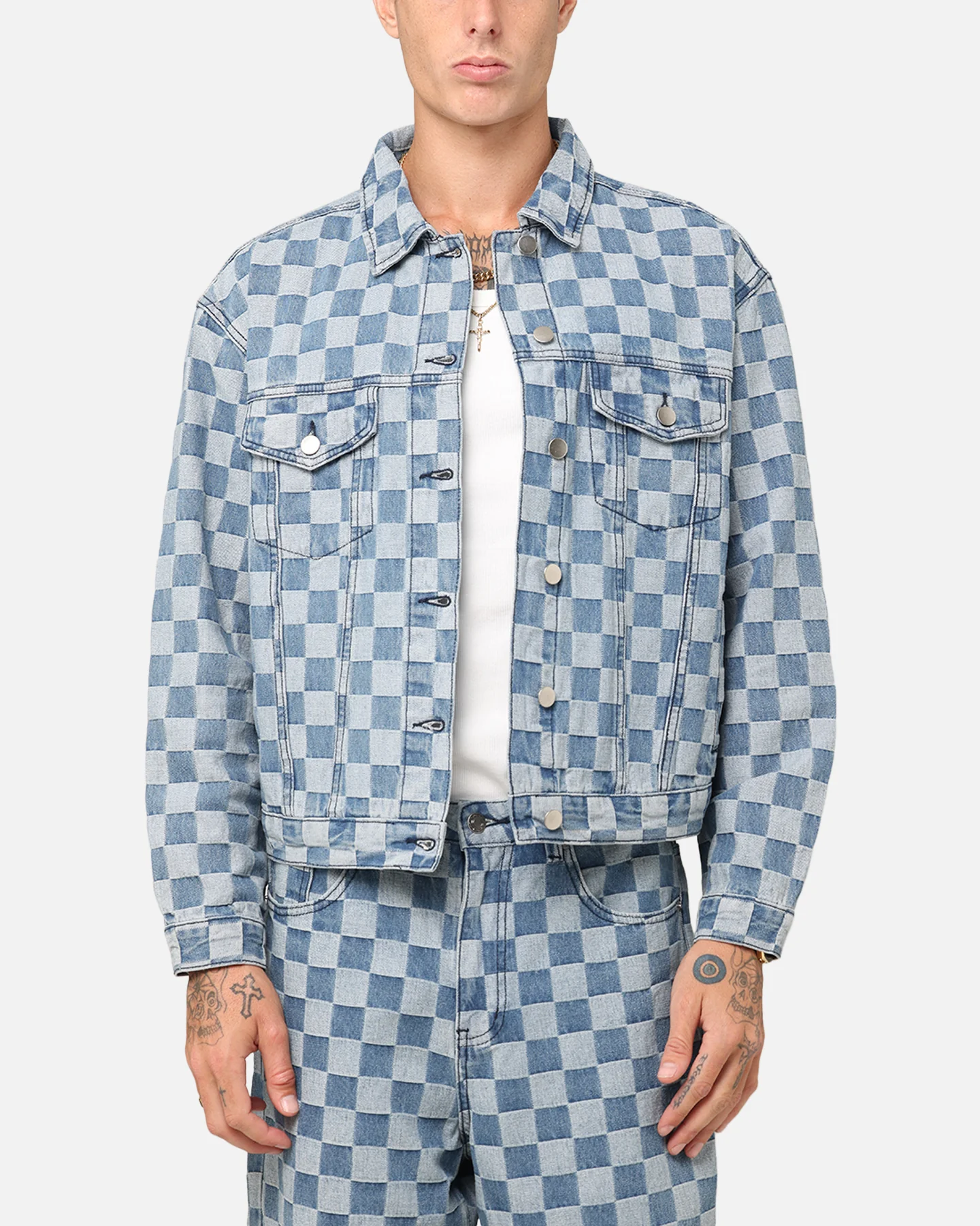 XXIII Checker Board Trucker Jacket Blue