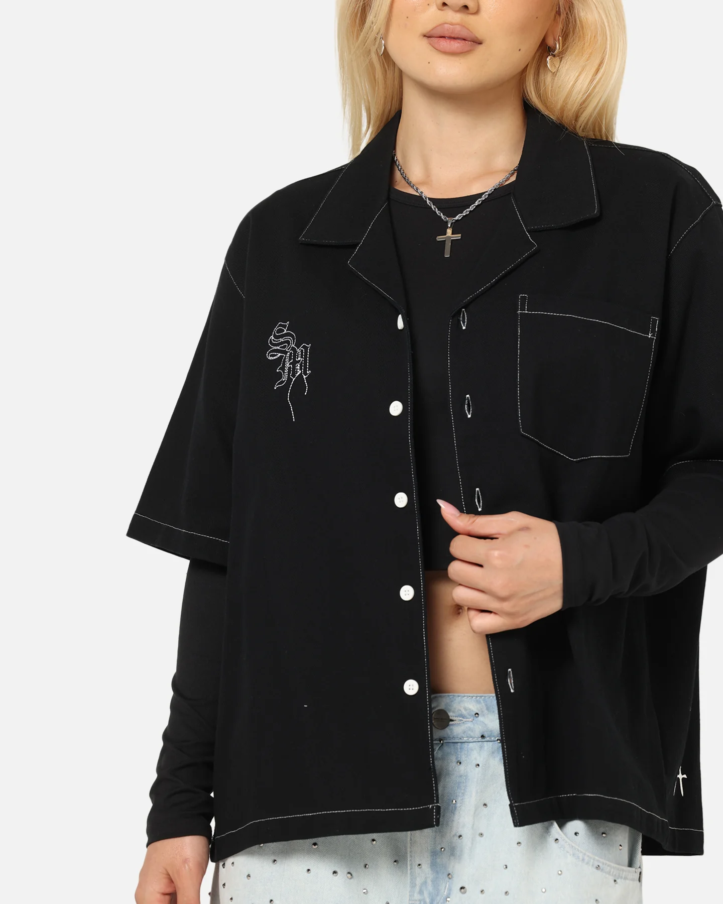 Saint Morta Fray Contrast Button Up Shirt Contrast Black