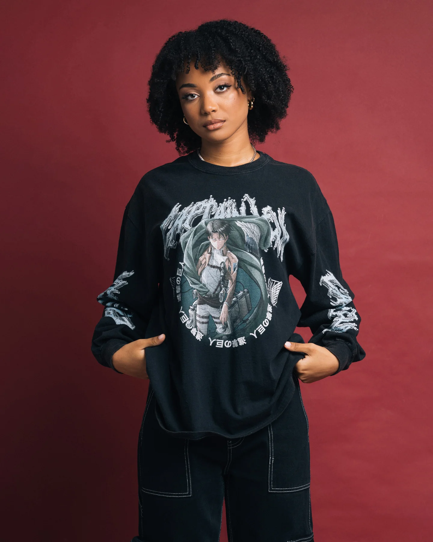 Goat Crew X Attack On Titan Captain Levi Long Sleeve Vintage T-Shirt Black Wash