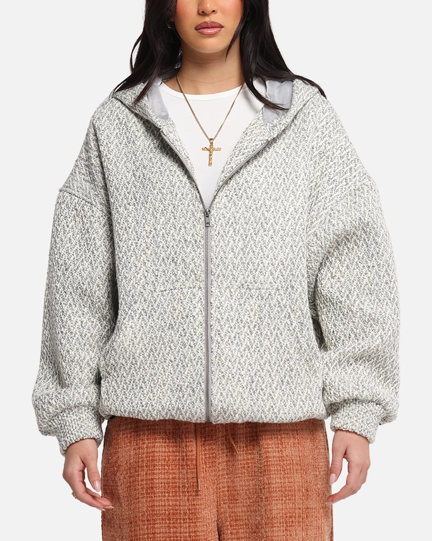 XXIII Boucle Tweed Zip Hoodie Grey Marle