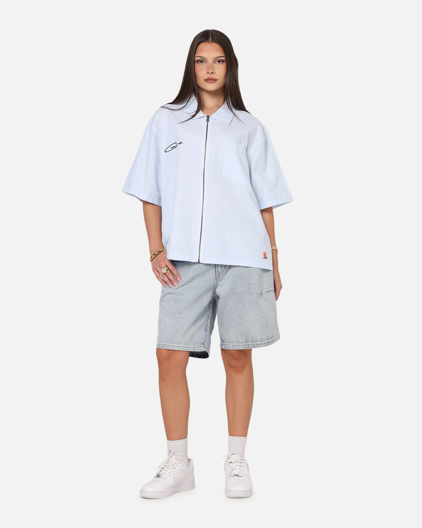 Carre Oxford Stripe Zip Up Shirt Blue/White Stripe