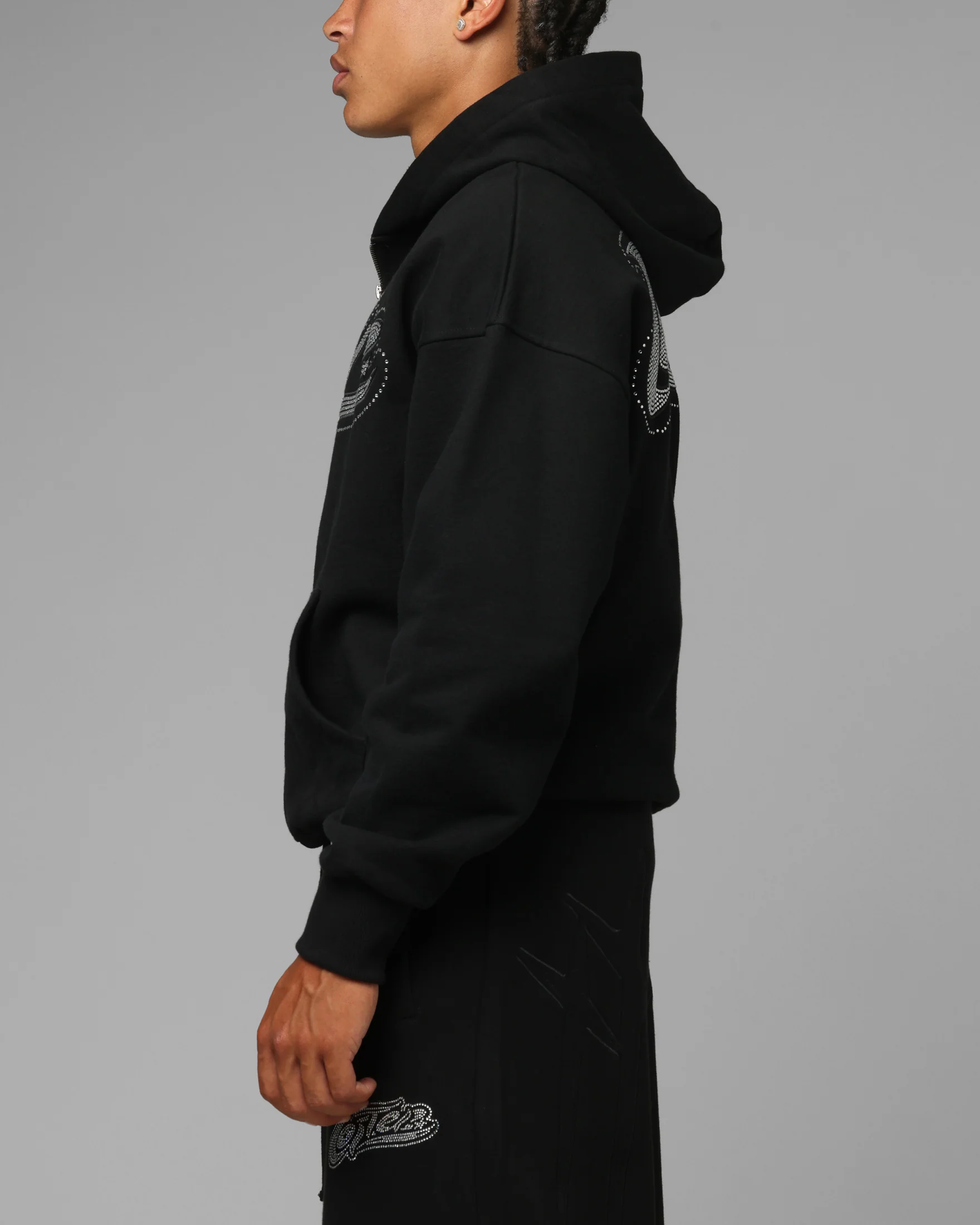 Loiter Silicone Rhinestone Zip Hoodie Black