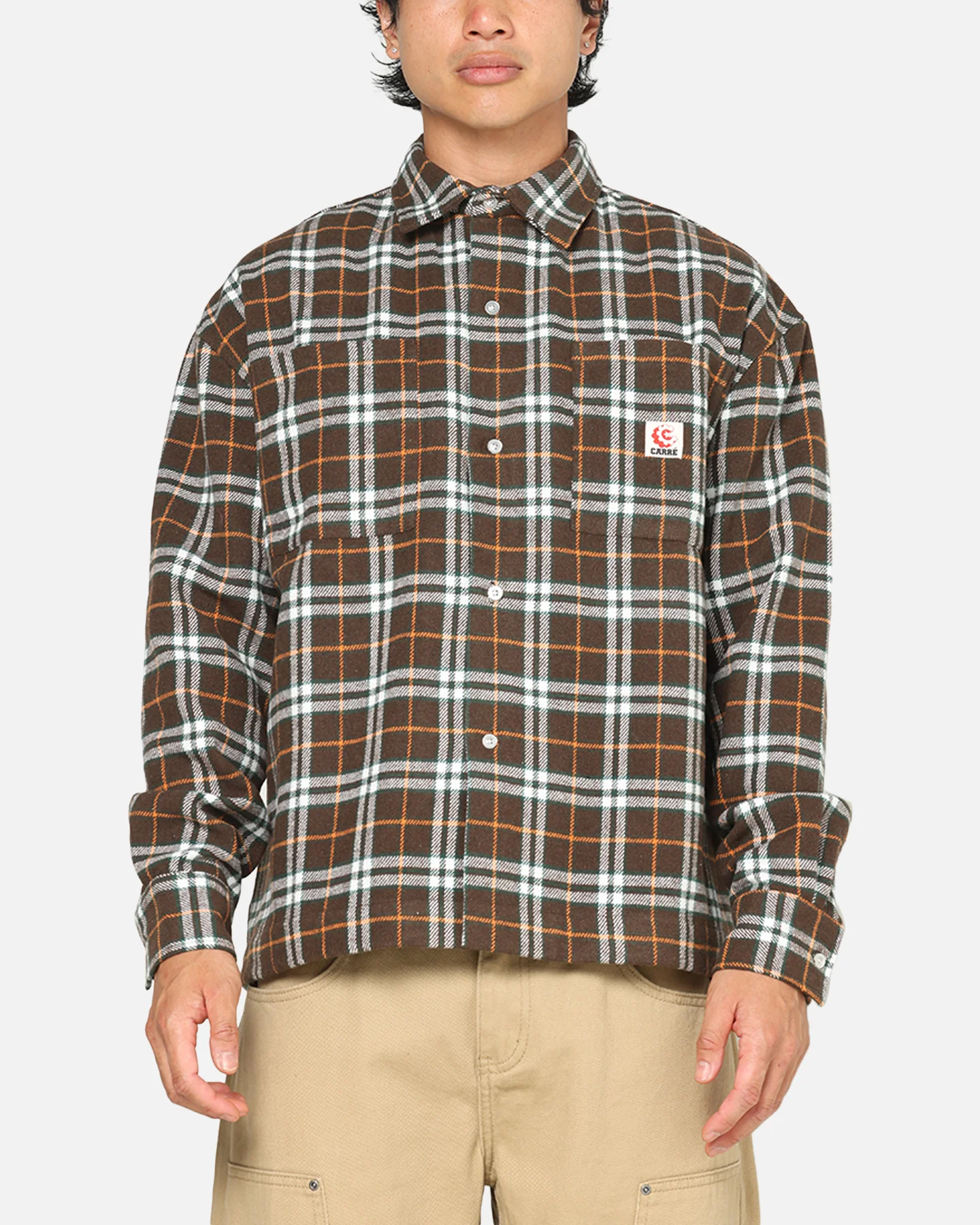 Carre Workwear Long Sleeve Button Up Shirt Brown-Plaid