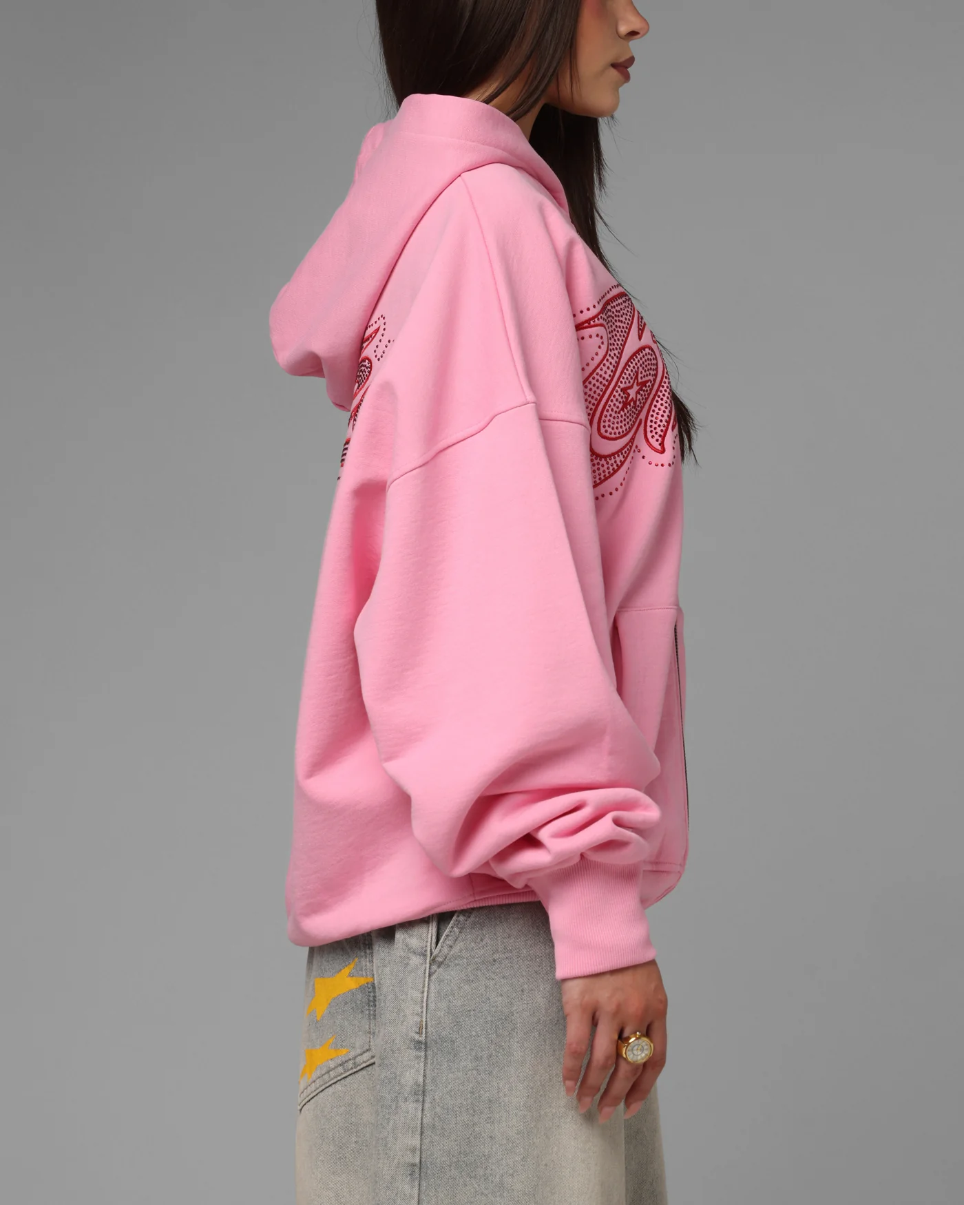 Loiter Silicone Rhinestone Zip Hoodie Pink