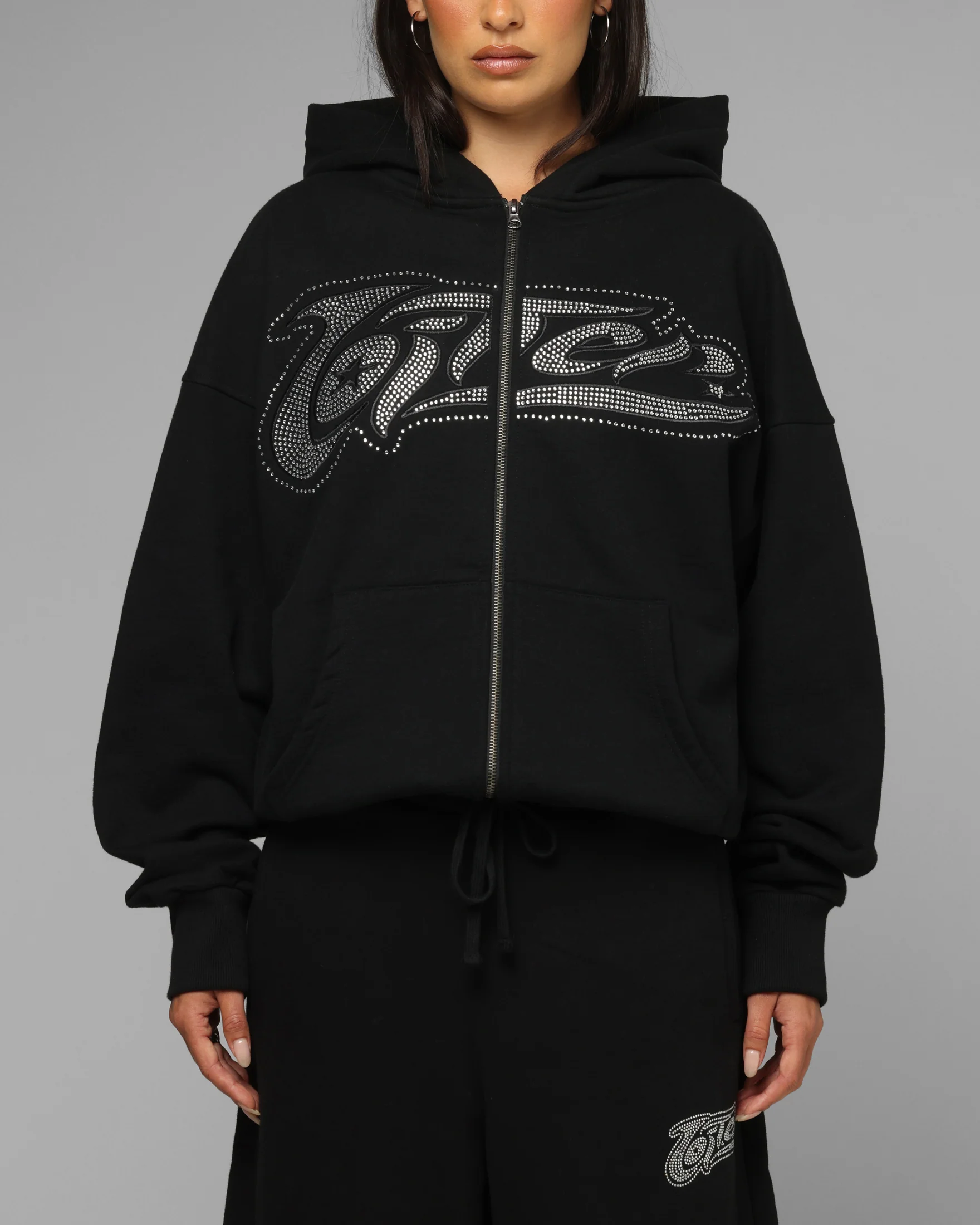 Loiter Silicone Rhinestone Zip Hoodie Black