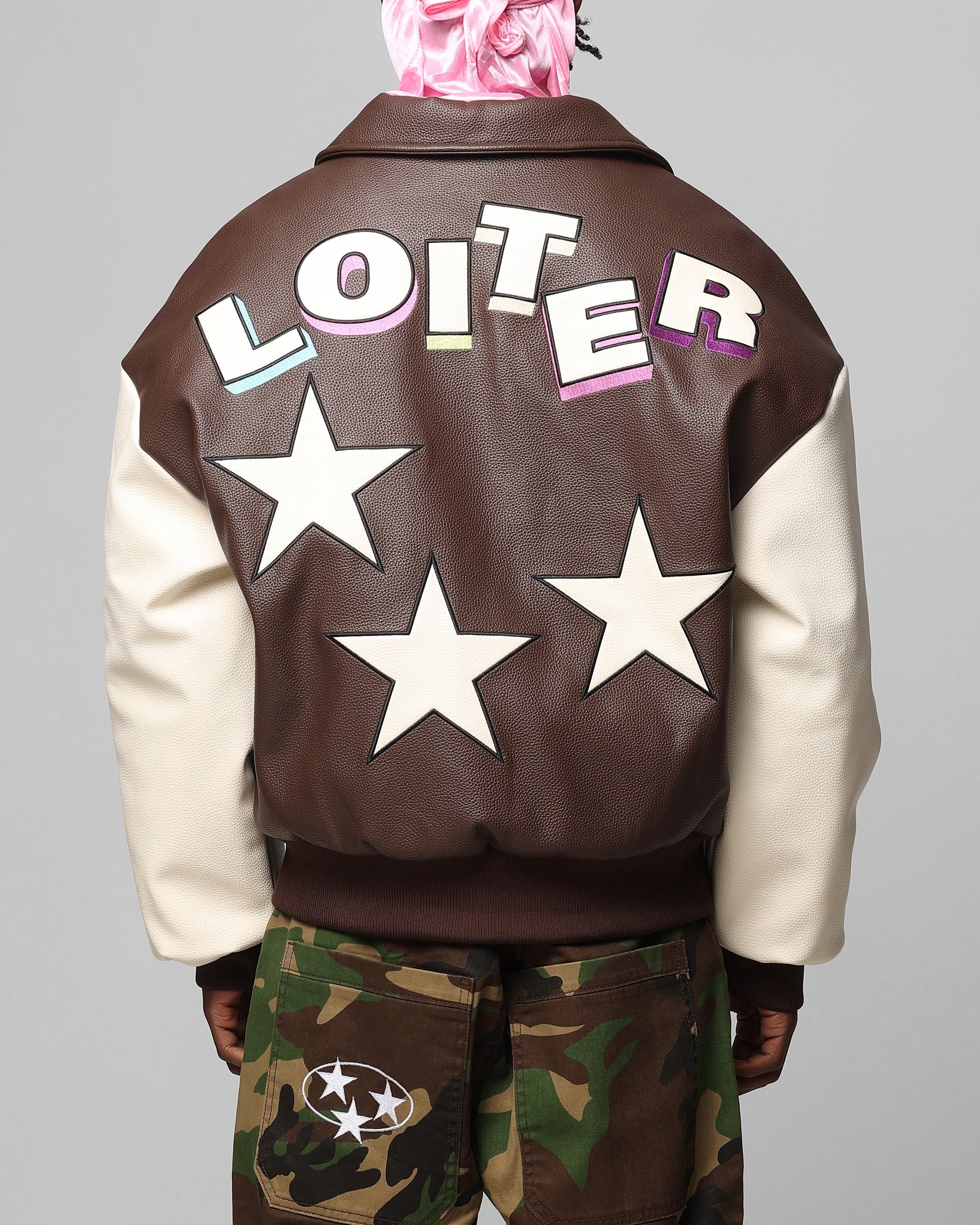 Loiter Solar Vegan Leather Varsity Jacket Brown/Beige