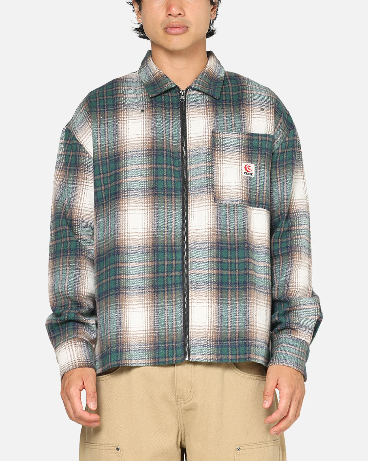 Carre Ombre Zip Up Long Sleeve Shirt Green Plaid