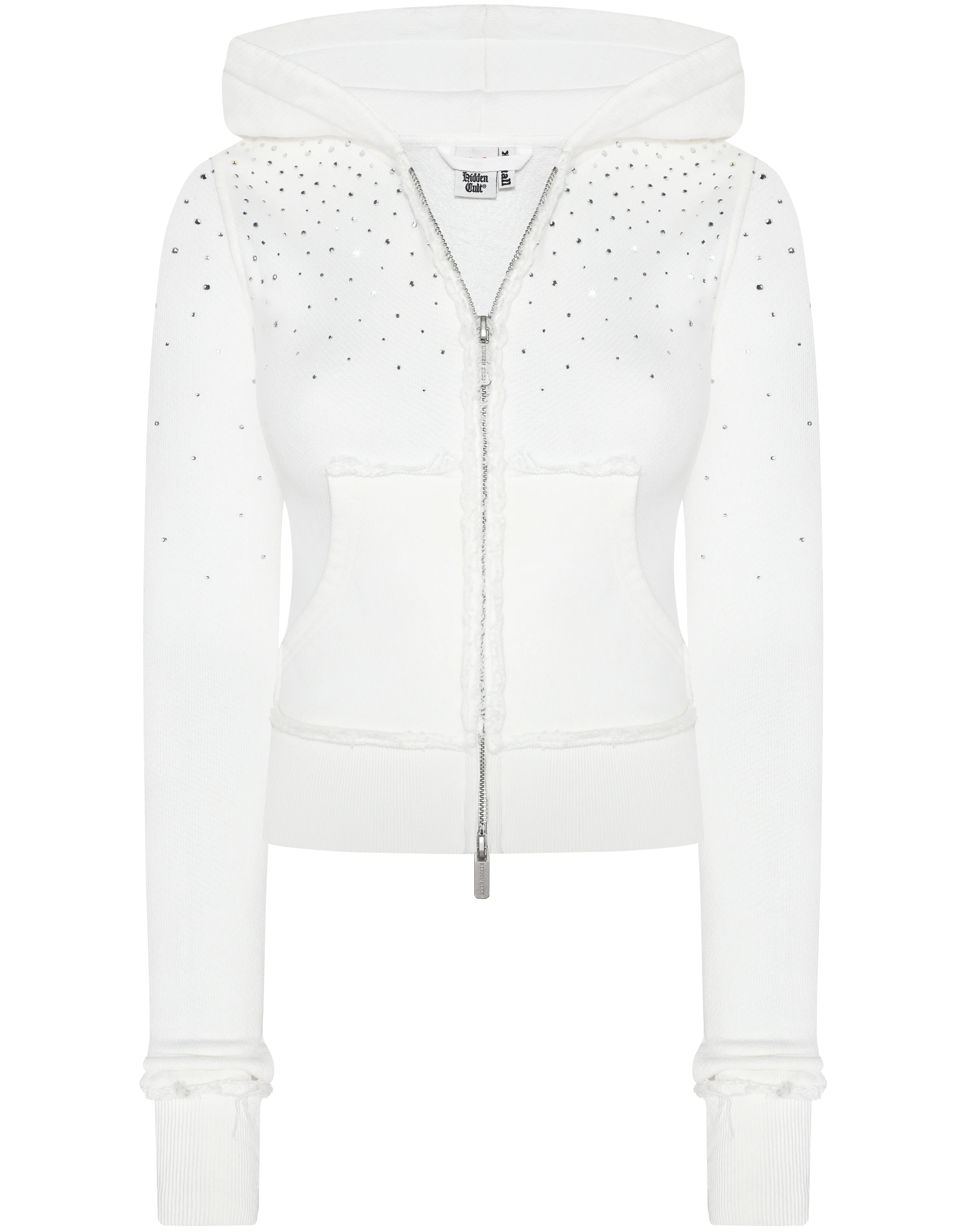 SIGN UP - Rhinestone White Fitted Zip Hoodie