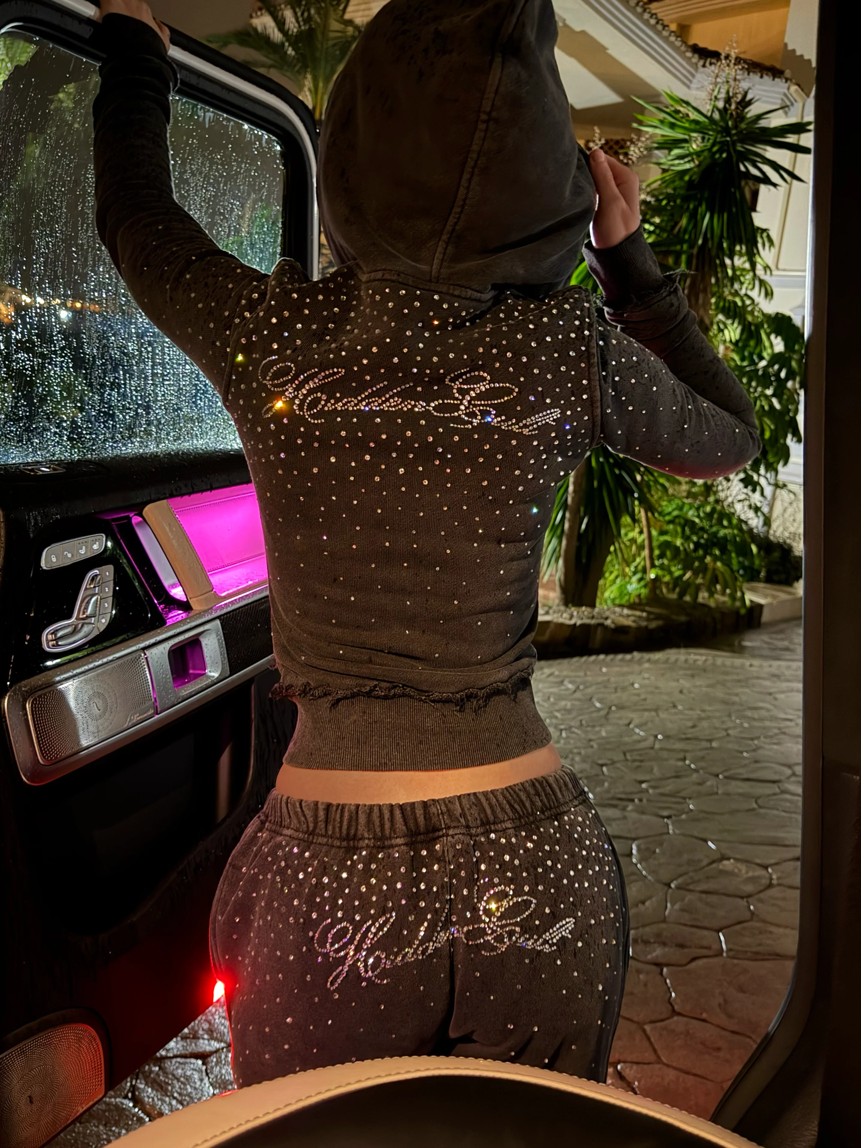 SIGN UP - Rhinestone Black Wash Fitted Zip Hoodie