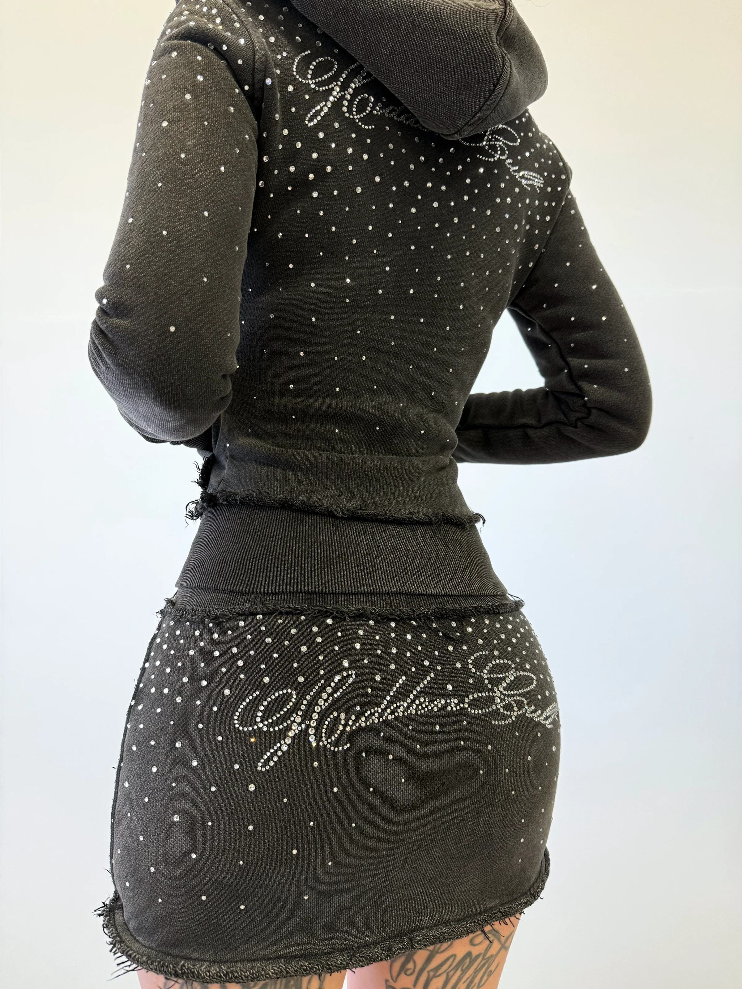 SIGN UP - Rhinestone Black Wash Fitted Zip Hoodie