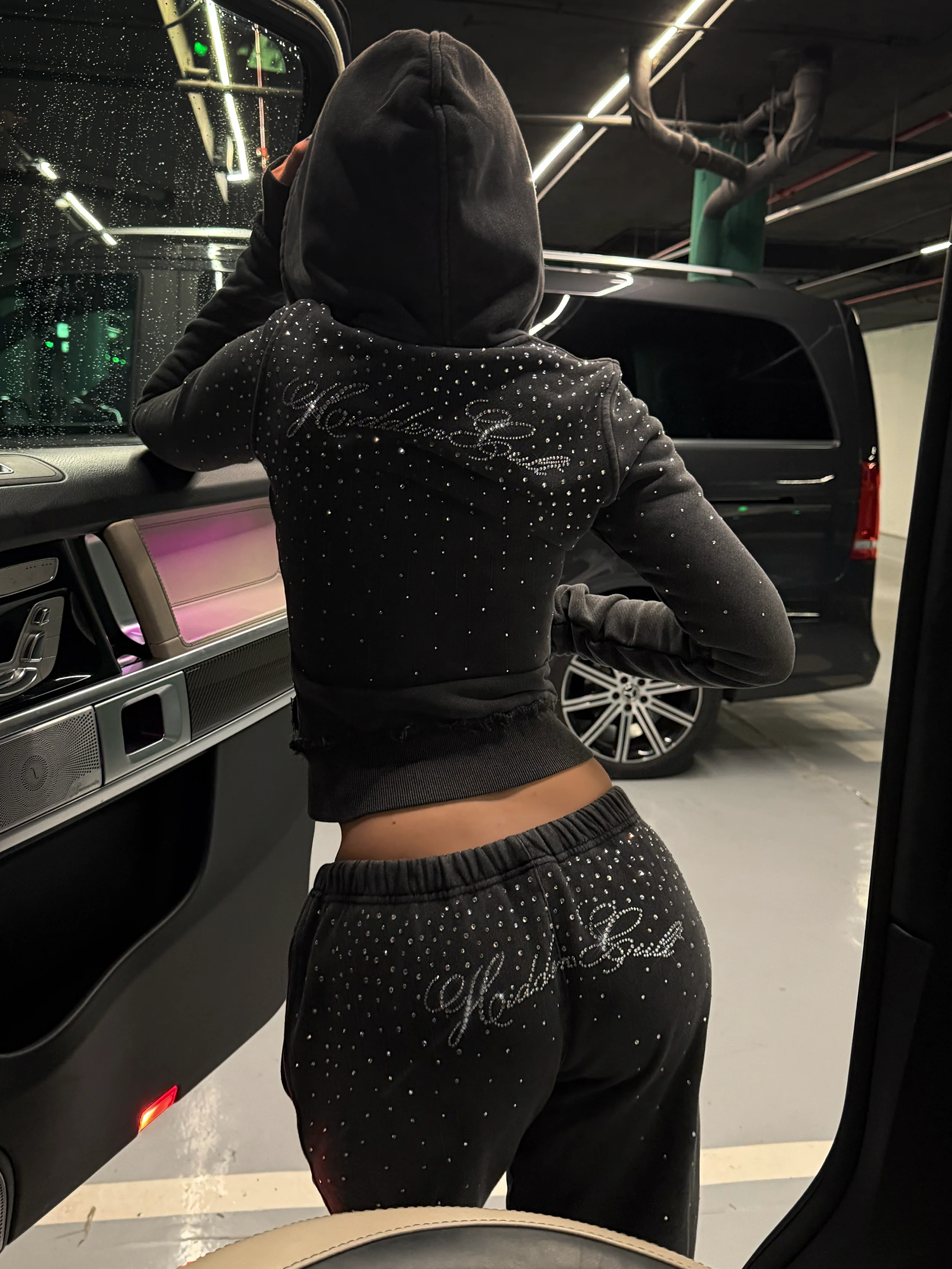 SIGN UP - Rhinestone Black Wash Fitted Zip Hoodie