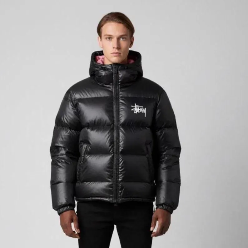 Unisex Handmade Black Stussy Puffer Jacket | Stussy Inspired Streetwear Coat | Warm Winter Fashion Outerwear