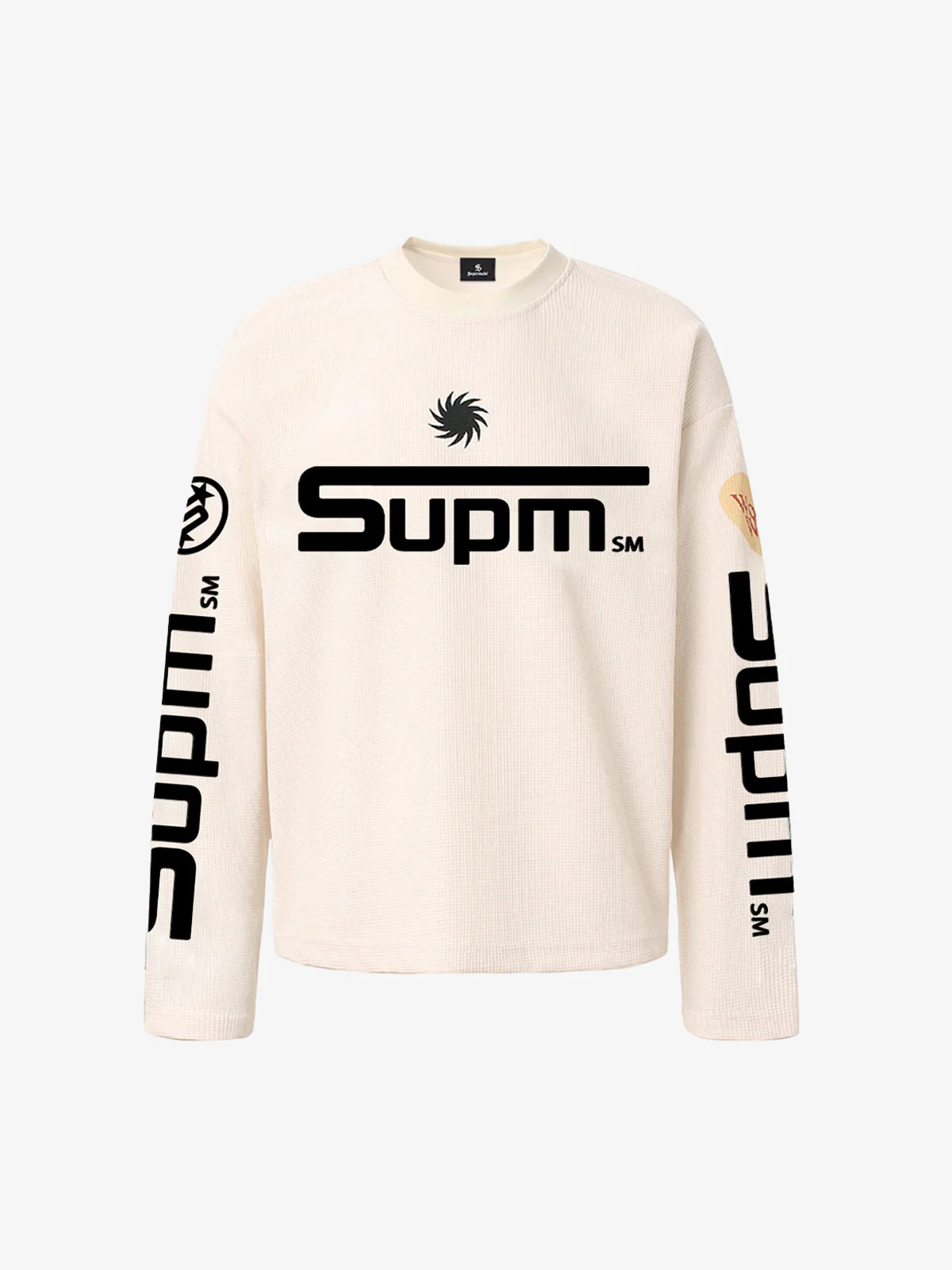 Textured Waffle SUPM Letter Graphic Long Sleeve T-Shirt
