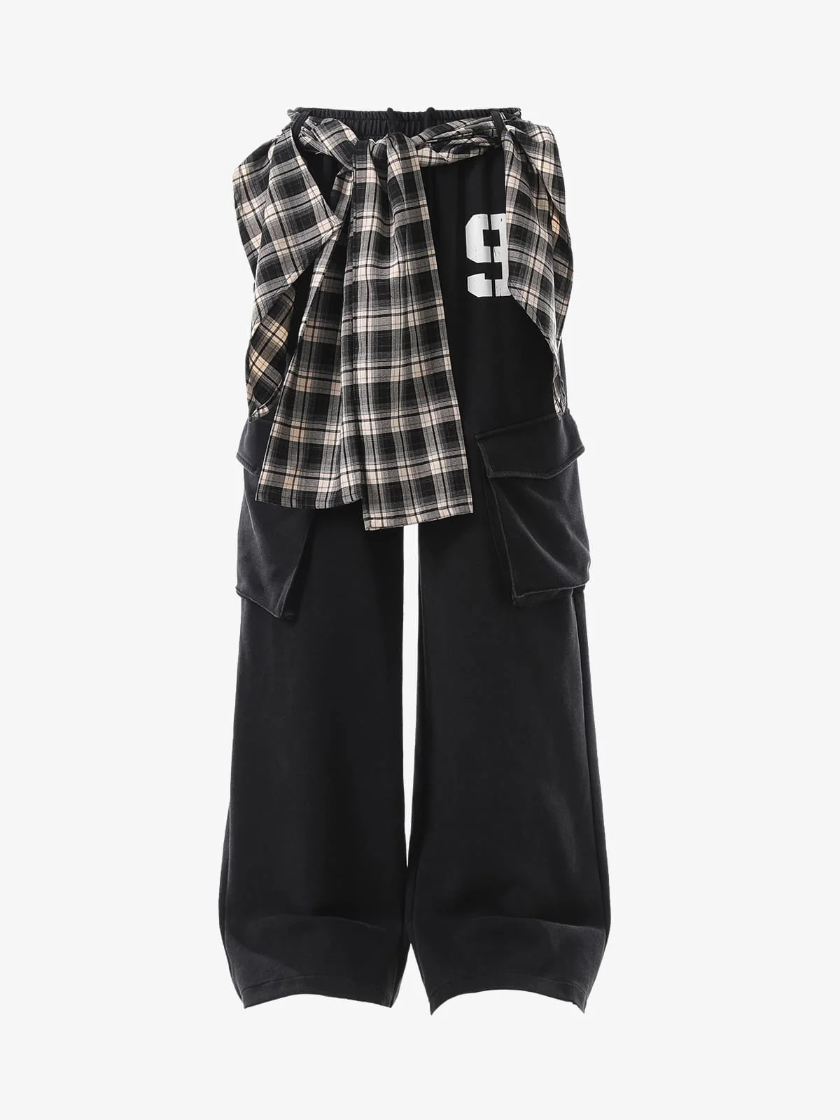 Retro Plaid Patchwork Tie-Belt Wide-Leg Barrel Pants