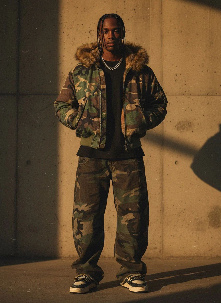 Retro Double Waist Camouflage Barrel Pants - 2555