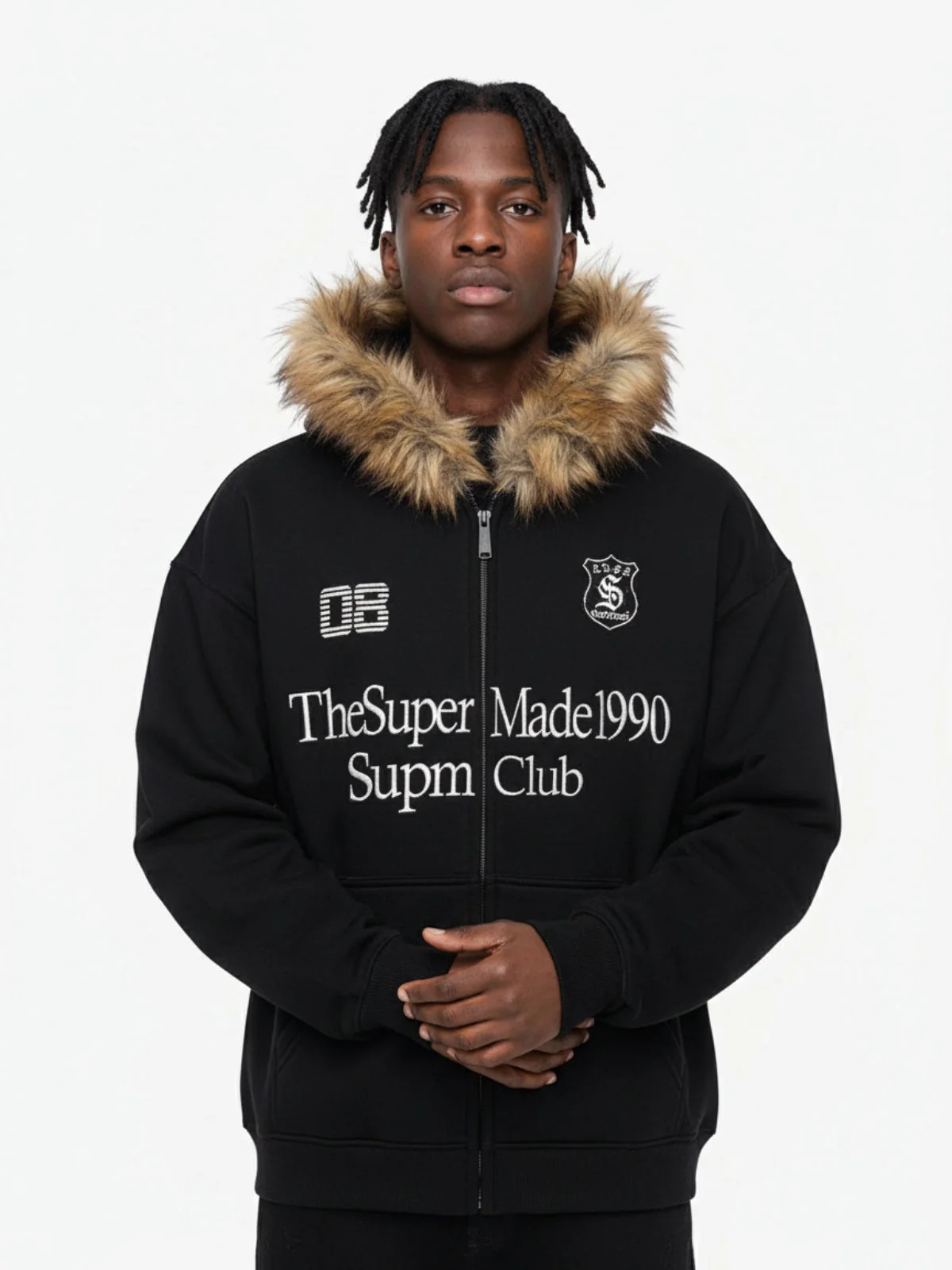 Letter Medal Embroidered Cardigan Fur Collar Zip Up Hoodie- 2502