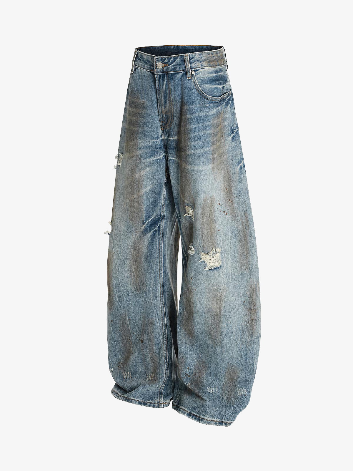 Washed Distressed Ripped Barrel Jeans - 2445