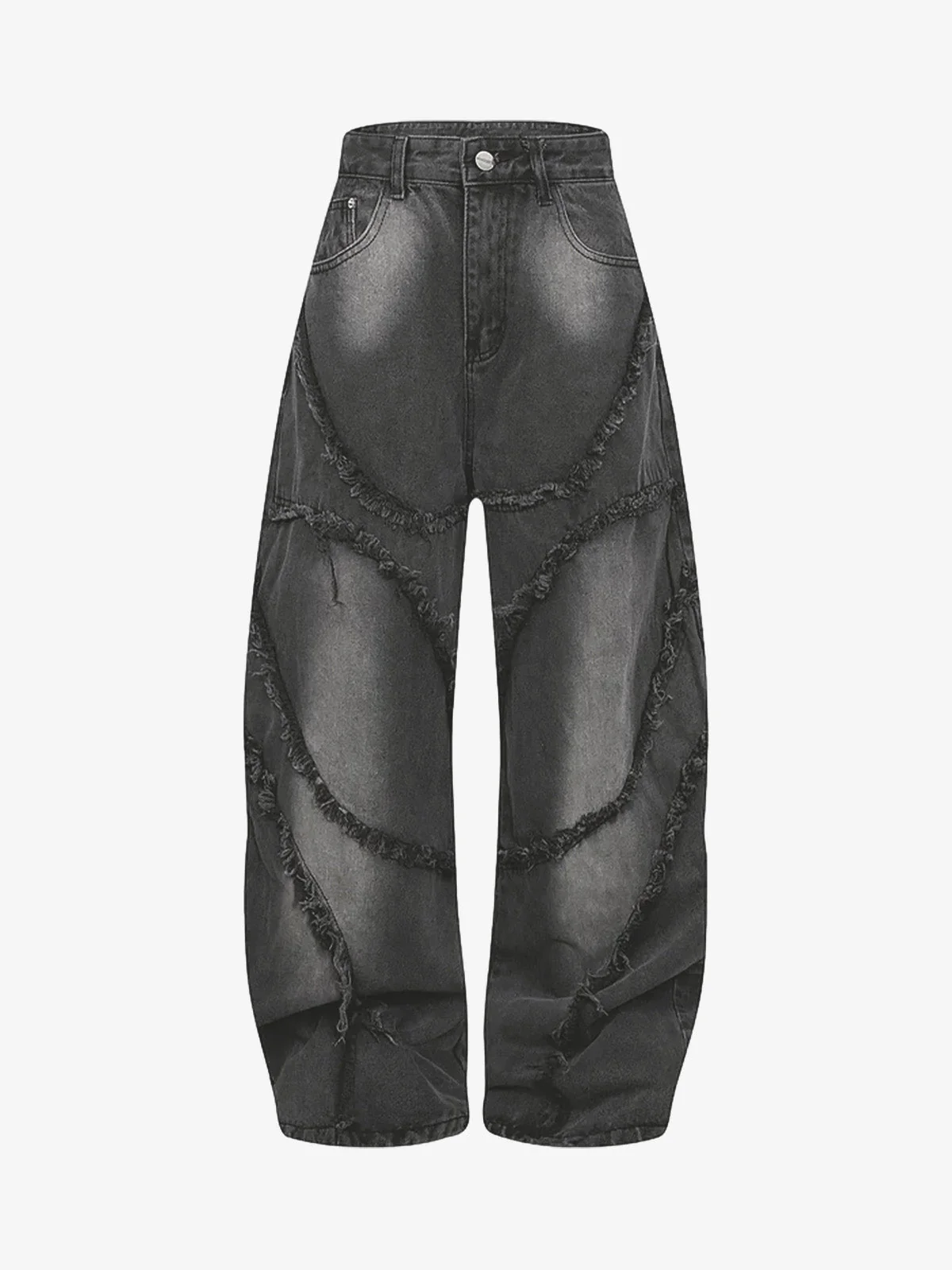 Washed Distressed Raw Edge Barrel Jeans - 2402