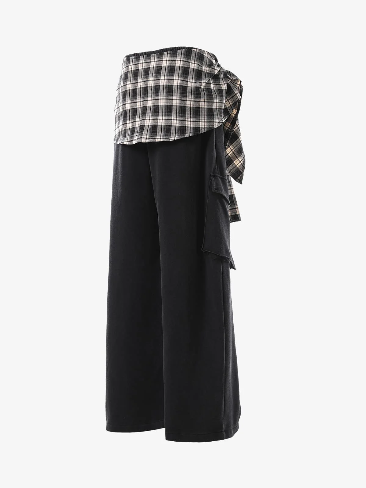 Retro Plaid Patchwork Tie-Belt Wide-Leg Barrel Pants