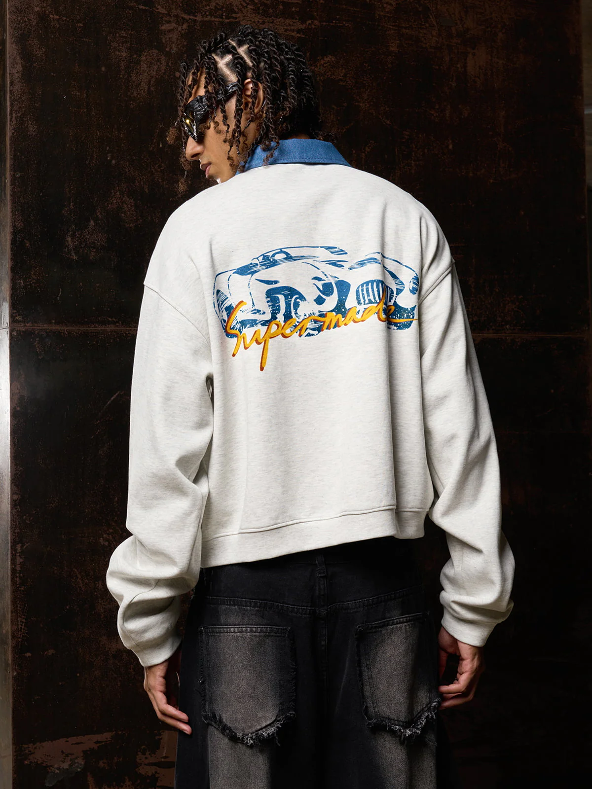 Original Denim Lapel Patchwork Sweatshirt