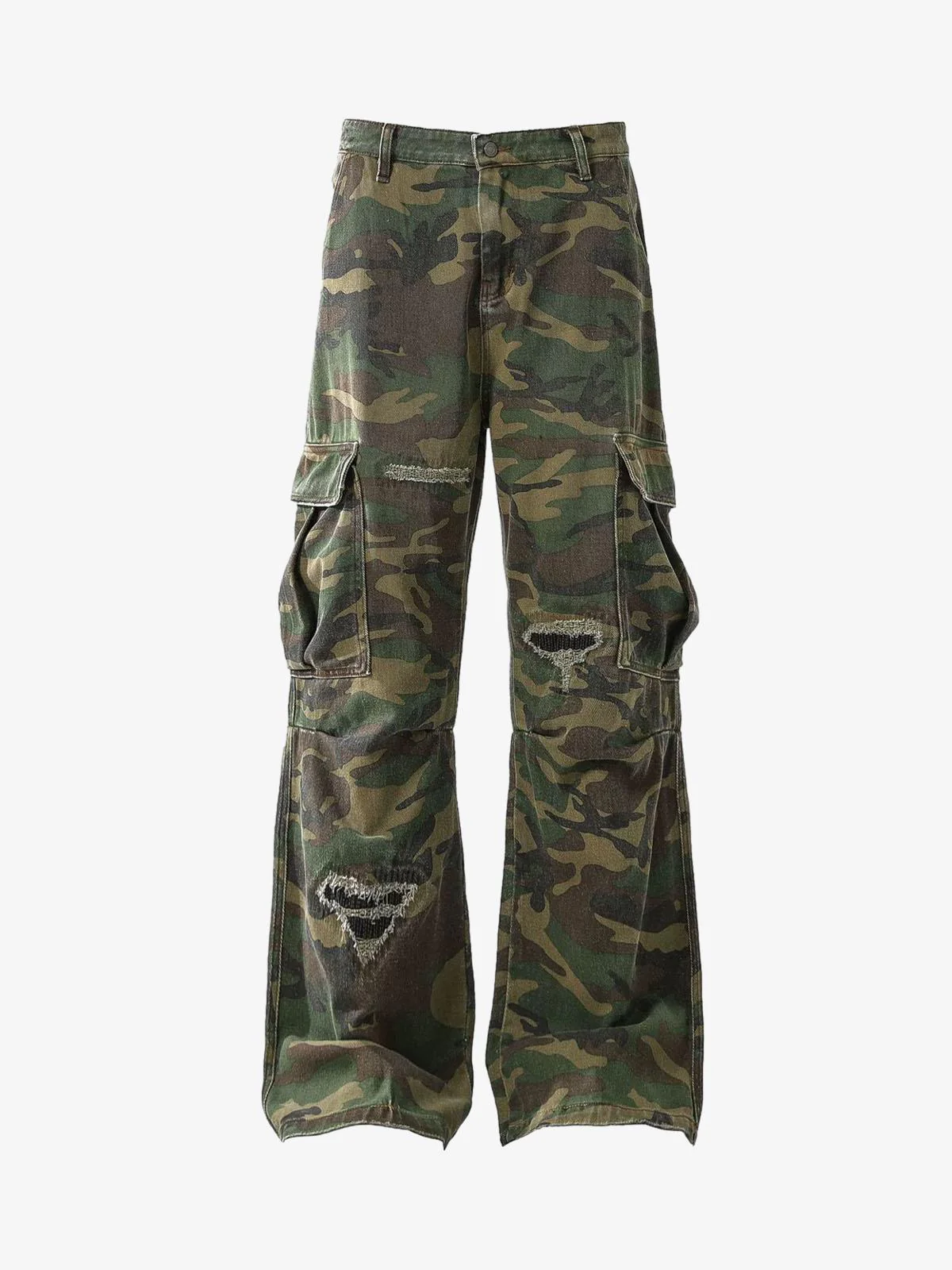 Woven Ripped Camouflage Flared Cargo Pants - 2410