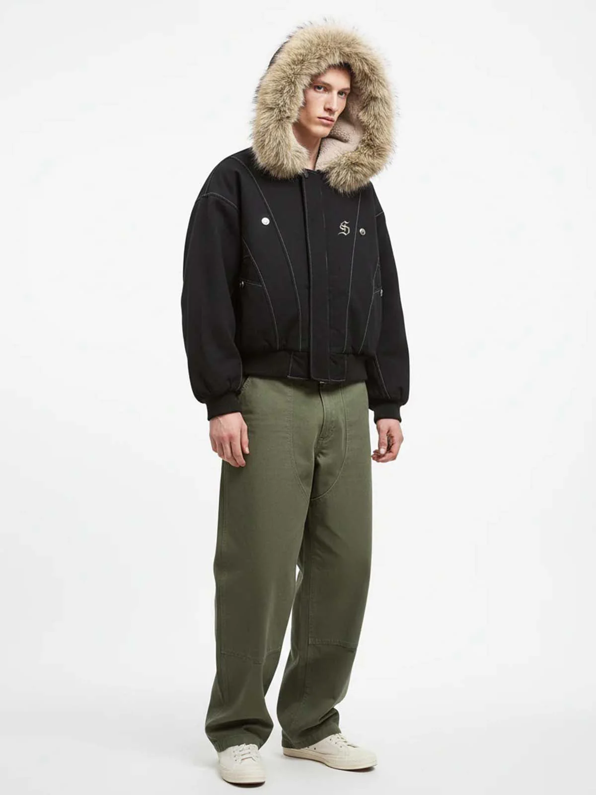 Faux Fur Lined Zip Up Winter Hooded Bomber Jacket