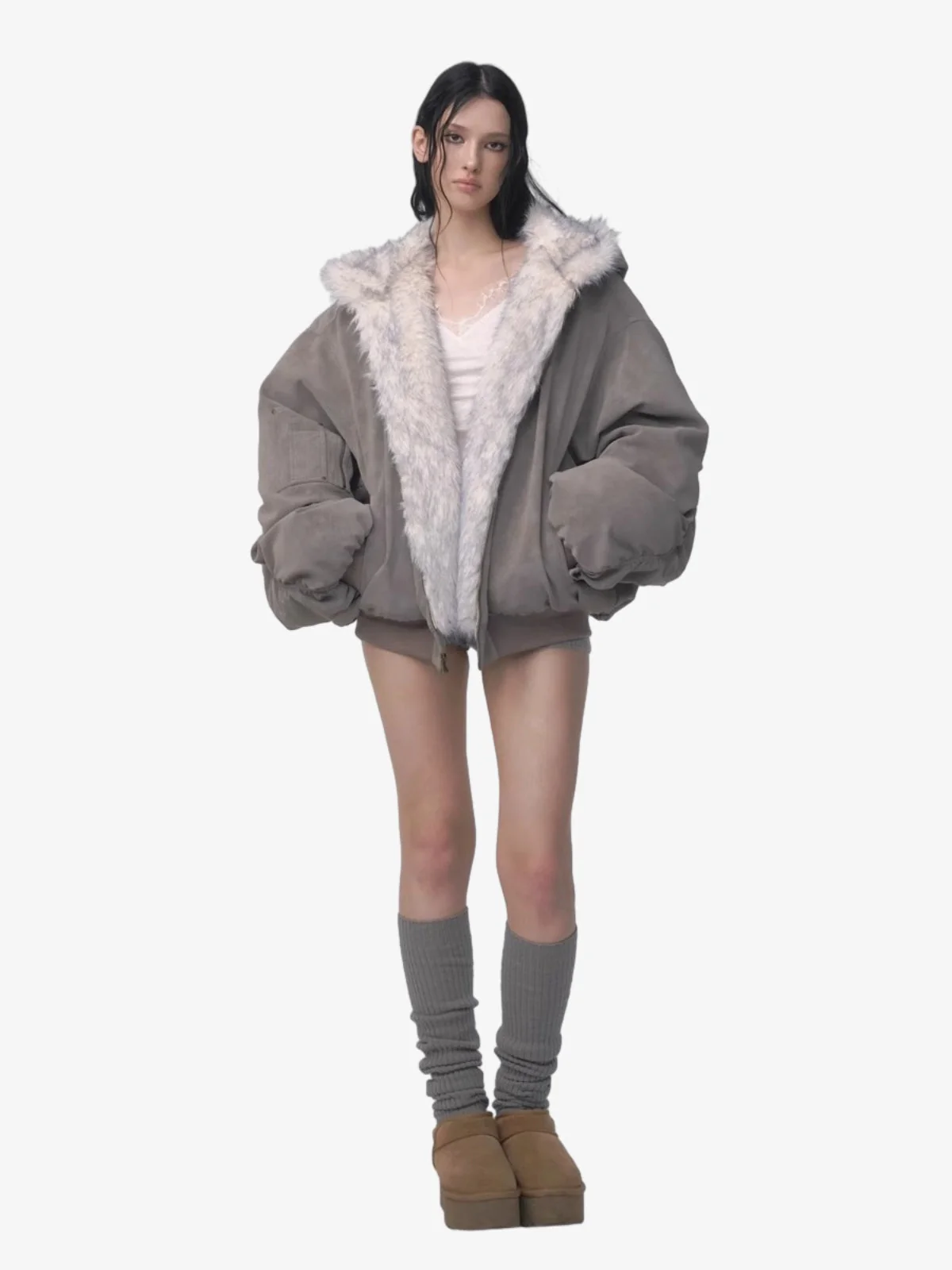 Oversized Reversible Fur Hooded Jacket - 2544