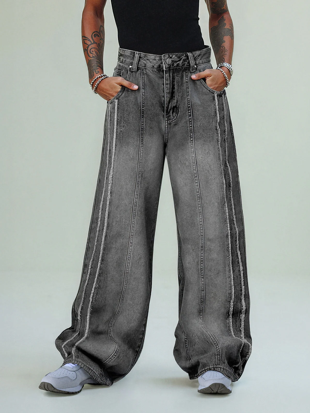 Thesupermade Washed Distressed Raw Edge Baggy Jeans - 2271