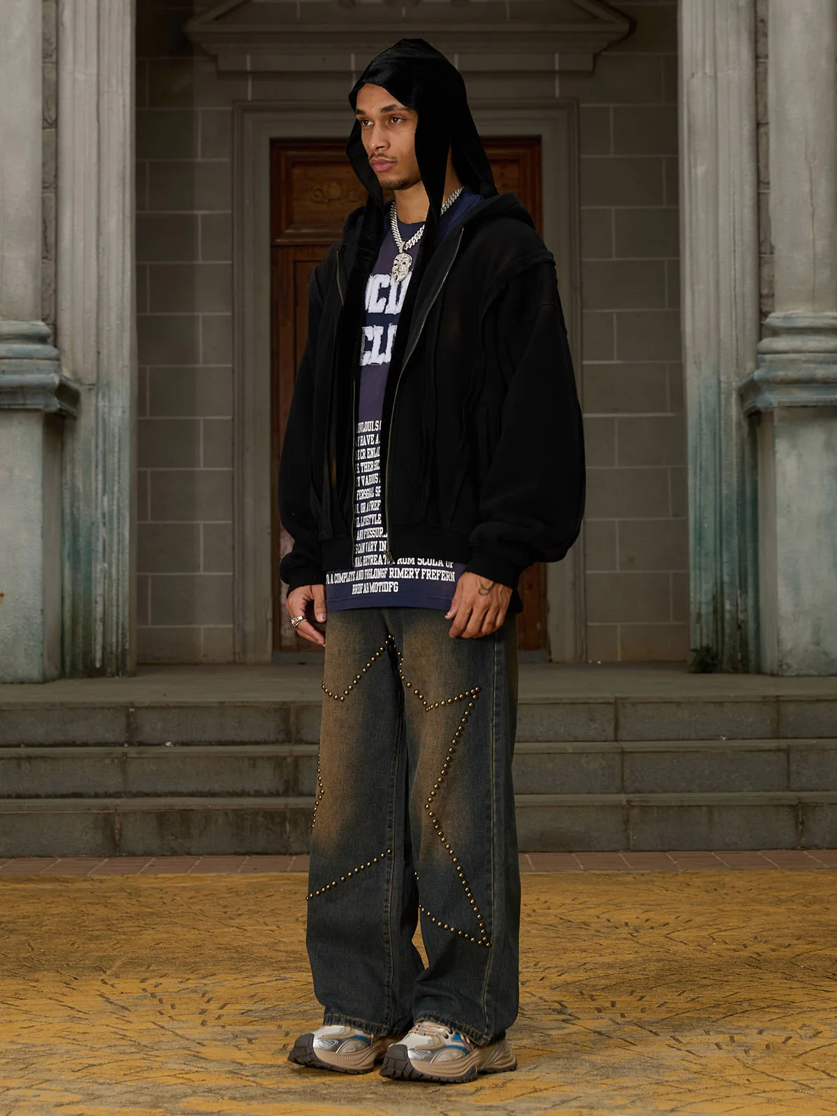 Thesupermade Distressed Patchwork Velvet Cardigan Hooded Sweatshirt