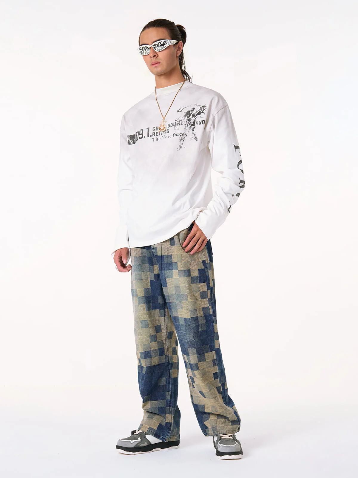 Thesupermade Checkerboard Jacquard Wide Leg Jeans - 2193