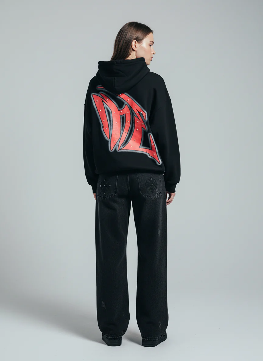 Retro Gothic Print Rhinestone Zip-Up Hoodie