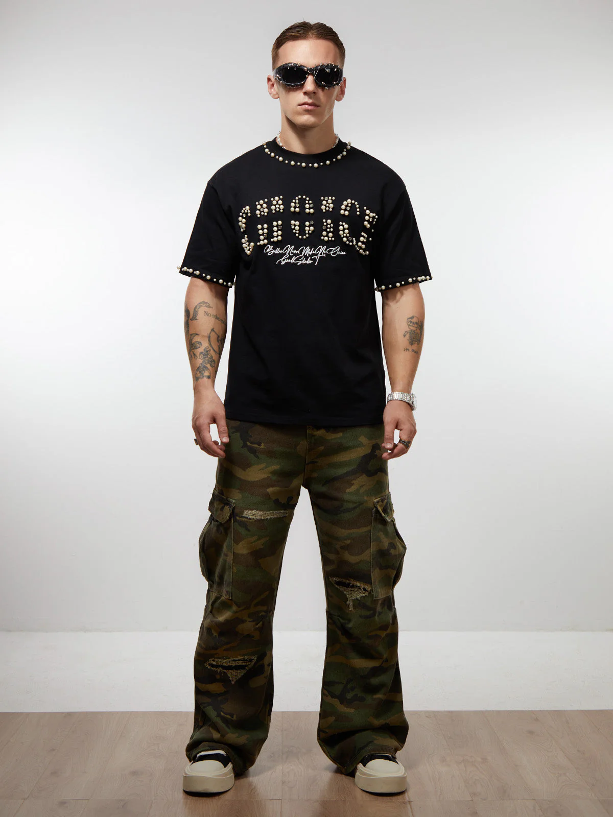 Elegant Pearl-Embellished Oversized T-Shirt