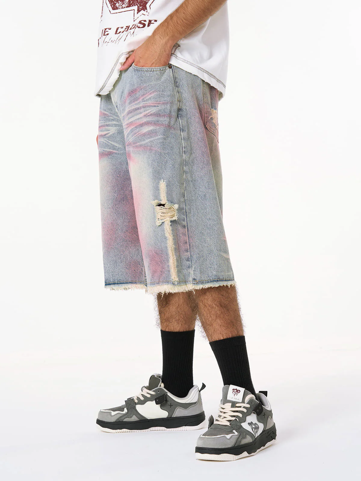 Distressed Tie-Dye Denim Jorts