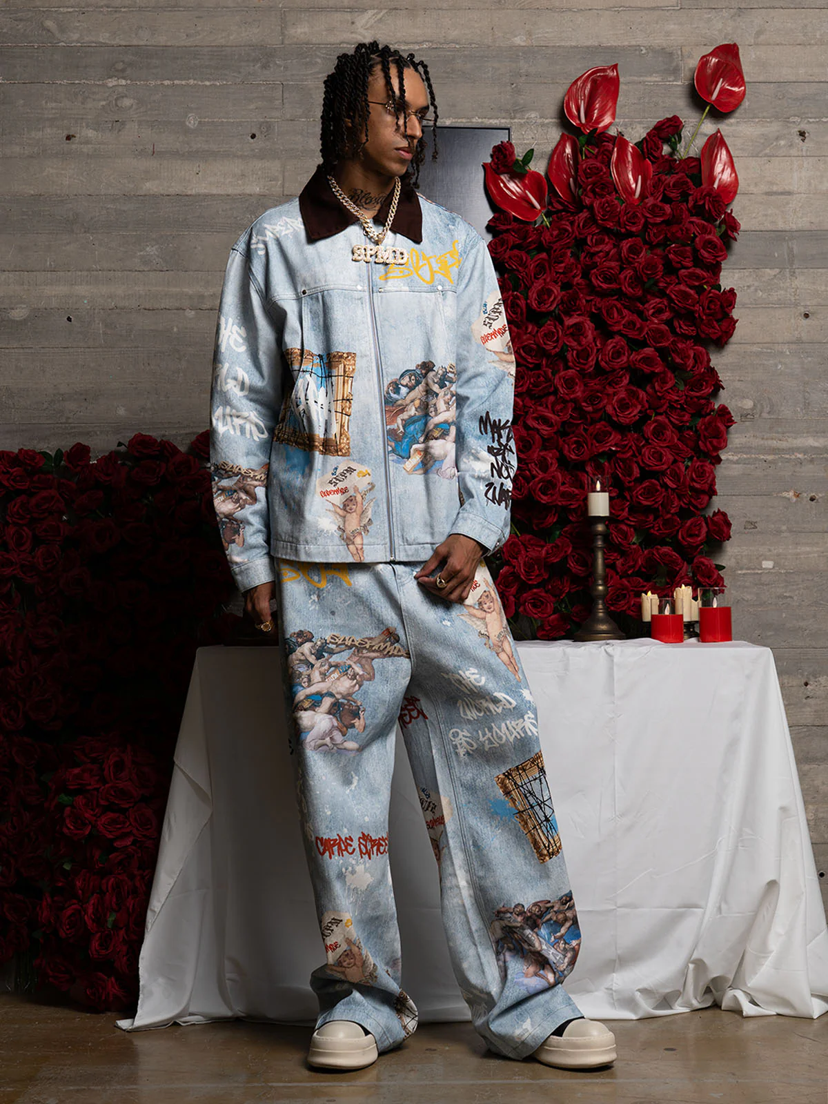 Artistic Patches Graphic  Distressed Denim Jacket