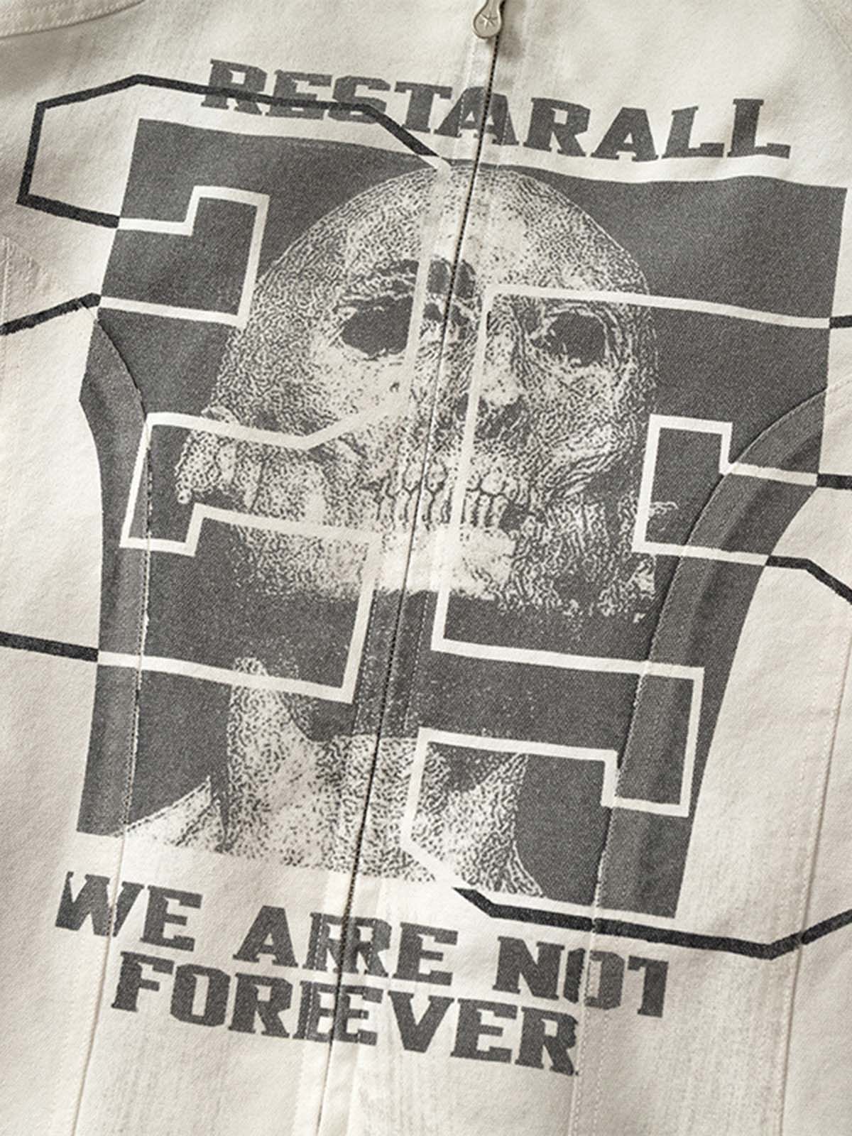 Skull Print Paneled Stand-Up Collar Leather Jacket