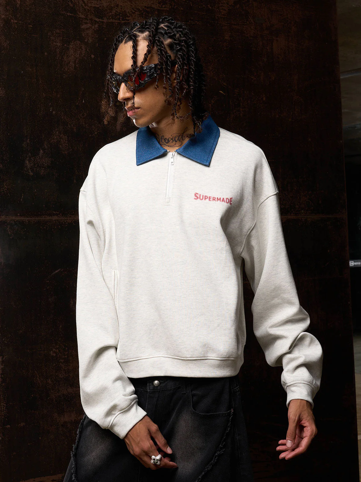 Original Denim Lapel Patchwork Sweatshirt